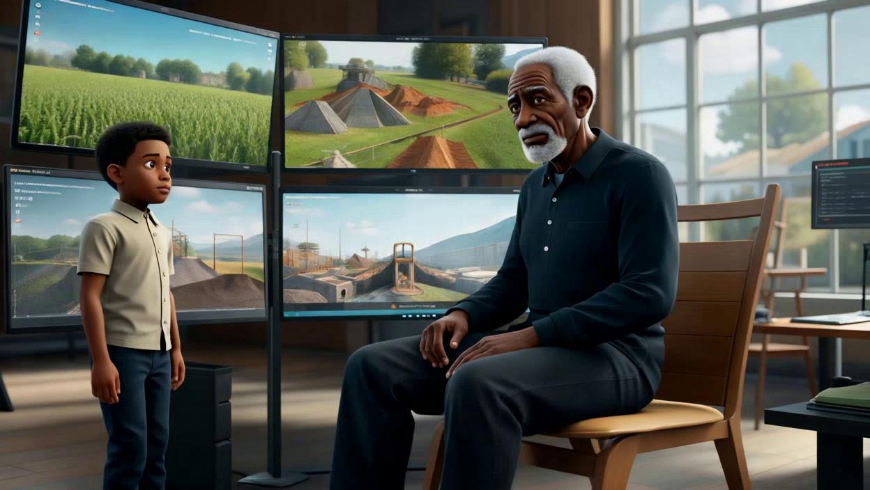 Prompt: create a 3D video of an old black man sitting in a chair with multiple screens projecting images of agriculture, mining and infrastructure development, the old man turn his head to a young boy and points to the screens with the youngster looking intensely to the images on the screens