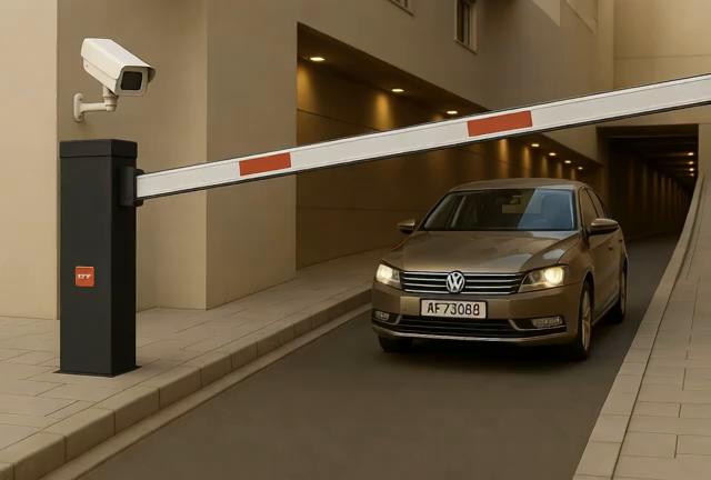 Prompt: generate a realistic animation/video with this image showcasing the operation of an ANPR parking gate barrier system. The barrier is a black color with an extended arm, lifting for cars after CCTV license plate recognition. The CCTV camera, small and white, is attached to a pole near the barrier and faces the front of the car, scanning the car front license plate. The background features a residential building parking floor, with a car moving up an upward slope into the building the background remains consistent and realistic.

. The environment is well-lit in a Dubai urban setting. Video Sequence: Barrier Closed – Car approaches the ANPR system Barrier Lifts upwards fully so that – Car slowly moves forward( the background remains consistent and realistic.)
into the residential building. Barrier Closes – The vehicle has entered, and the gate lowers. Car Approaching Exit – After some time, the car moves toward the exit gate. CCTV Recognizes License Plate Again – ANPR system scans and verifies. Barrier Opens for Exit – The vehicle drives out the background remains consistent and realistic.

, exiting the building. Ensure smooth transitions, accurate lighting reflections, and precise vehicle movement, reinforcing the automation of the ANPR process. The wide-angle view should clearly capture the barrier, CCTV, and car interaction from a camera top farther perspective angle. do not do any other changes in the scene  (no jerking or fake movements).  no lag, smooth animation.no lag, smooth animation.