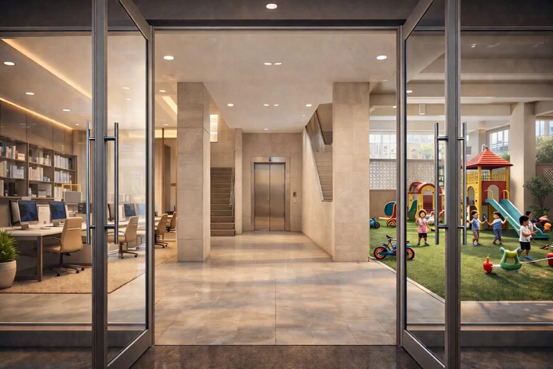 Prompt: make a 3 d video of going inside looking left and right upto stairs