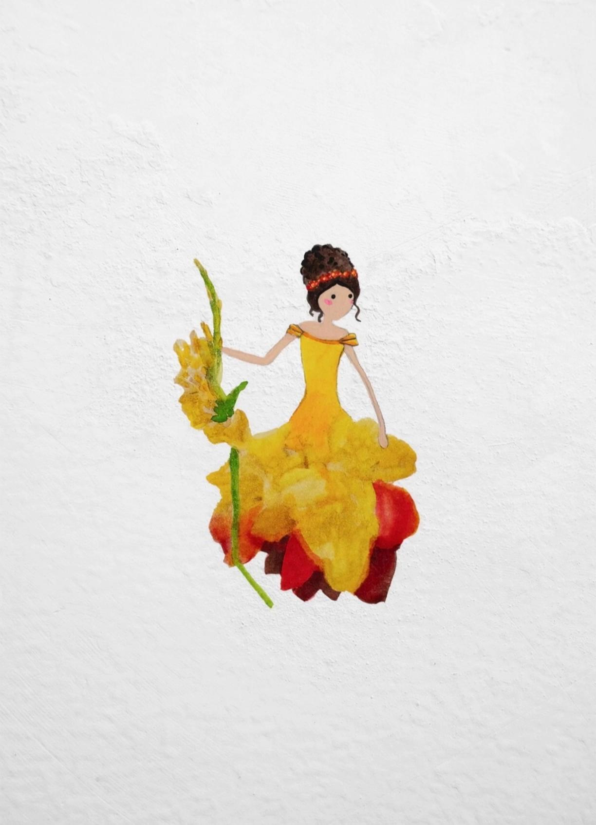 Prompt: A delicate flower fairy in a flowing yellow-and-crimson petal gown stands gracefully holding a tall gladiolus stem. She slowly lifts the flower slightly upward as if presenting it to the sunlight. Her skirt softly ripples like flower petals in a warm breeze. Her head tilts gently and she gives a calm blink. Soft whimsical fantasy animation, painterly watercolor style, dreamy and elegant.Negative Prompt:No camera movement, no pose change, no walking, no dancing, no spinning, no large gestures, no fast motion, no morphing body parts, no extra limbs, no face distortion, no exaggerated expressions, no dramatic wind, no background changes, no flickering objects, no harsh motion, no realistic textures, no sudden movement.