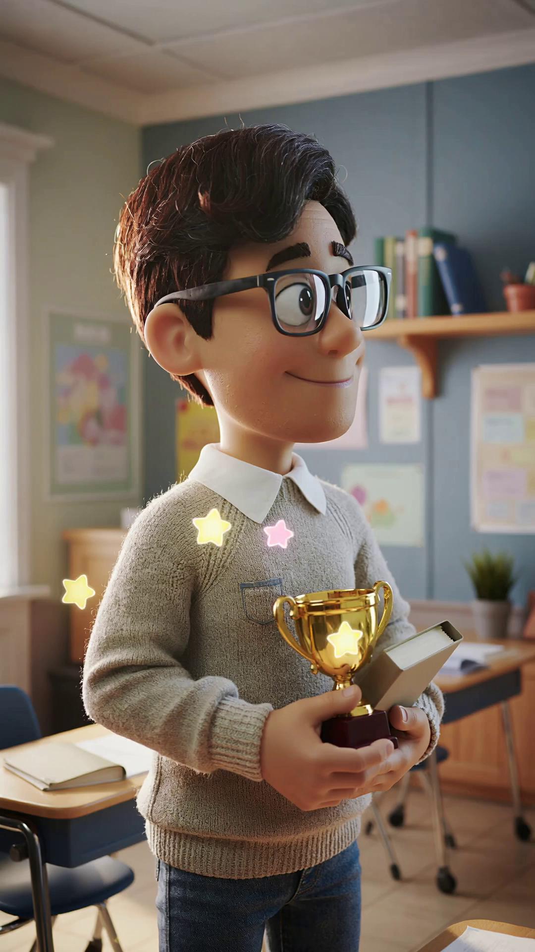 Prompt: Escena cinematográfica en 3D estilo animación de Pixar. Un maestro carismático y amable, diseñado como un muñeco 3D con texturas detalladas, está de pie frente a un salón de clases colorido y acogedor. El maestro viste un suéter casual y lleva gafas, con una expresión de profunda gratitud y una sonrisa cálida. Sostiene un pequeño trofeo o un libro dorado. Alrededor de él, flotan sutilmente iconos brillantes como estrellas, lápices y corazones. La iluminación es suave y cálida (golden hour), resaltando el realismo de los materiales. El maestro mira a la cámara con respeto, representando el mensaje de felicitación por el arduo trabajo y la dedicación de todos sus colegas. Alta resolución, 8k, renderizado suave, colores vibrantes."