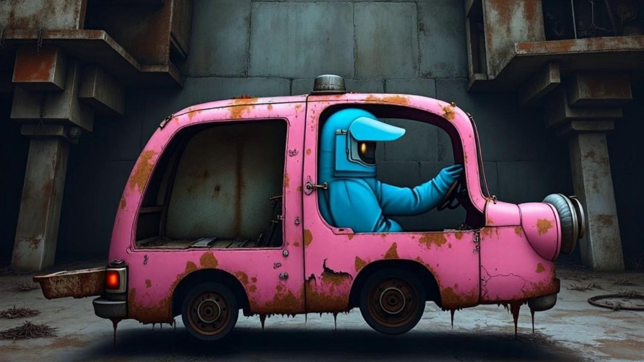 Prompt: a pink car with a blue driver driving from right to left in an old and dark factory with concrete walls