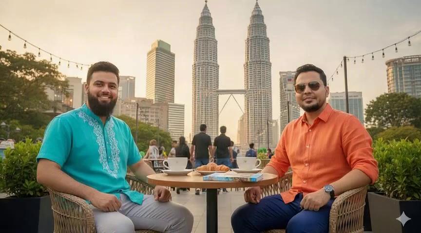 Prompt: Create a super realistic cinematic video based on the uploaded image of two friends sitting at an outdoor café near the Twin Towers. Keep their faces, beards, and outfits exactly the same, only enhancing them naturally for a polished look. The scene begins with both friends smiling across the table, then one of them reaches forward, and they warmly shake hands above the coffee table with cups and croissants on it. Add natural motion of the background with people casually walking by and soft golden sunset lighting reflecting on the Twin Towers. The video should look natural, vibrant, and life-like as if it was filmed with a professional camera