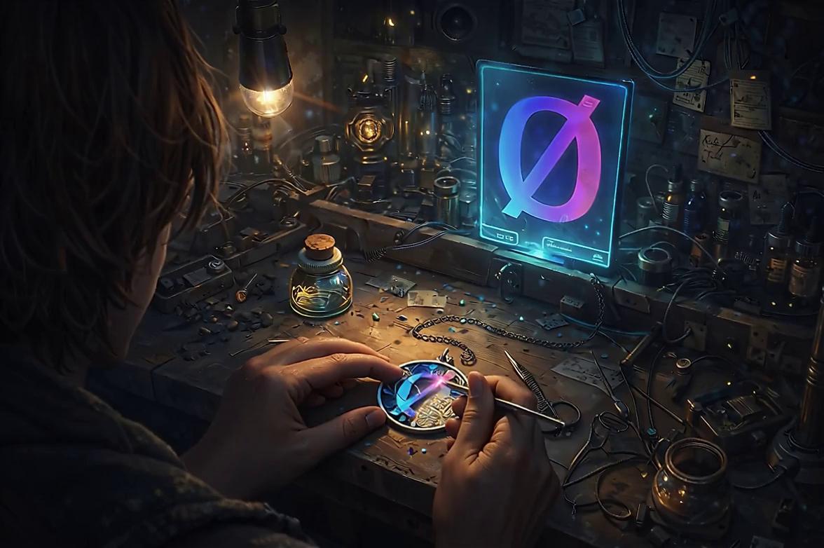 Prompt: A young teenage craftsman works quietly at his old-world workshop desk.
His hands are steady, careful, and precise.

He gently unscrews the cork from a small glass jar.
Inside the jar is concentrated colour energy — an elegant, luminous blend of blue, pink, and violet light, 

Using the fine metal jeweller’s tool in his hand, he draws out a thin strand of glowing colour energy.

The strand hovers momentarily, then responds to his careful movement, flowing with precision into the recessed shape of the Zero emblem pendant.

The energy settles neatly into place, crystalising  into a detailed rhinestone  as it locks into the metal.
