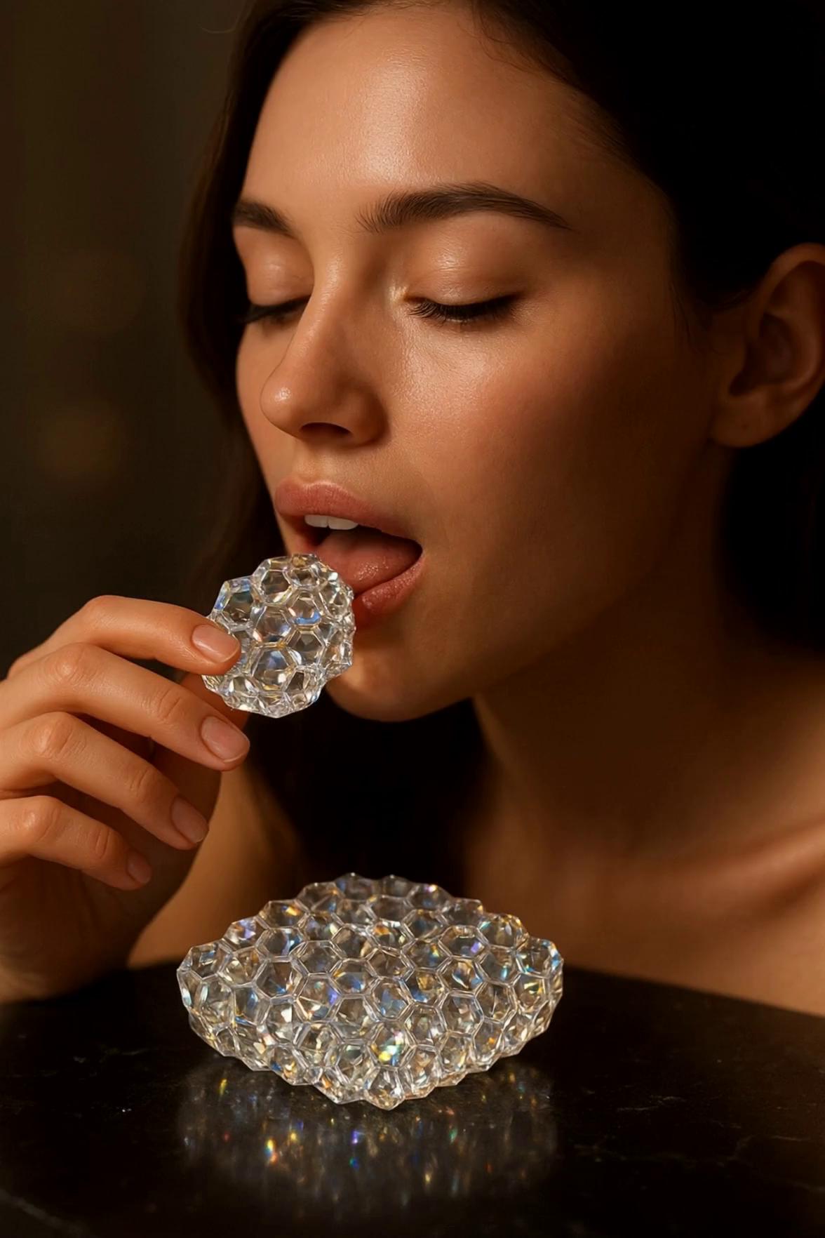 Prompt: A mesmerizing close-up ASMR video of a beautiful young woman eating a diamond honeycomb. The honeycomb glows with a translucent, syrupy texture — a blend of crystal and golden honey. As she lifts a glistening piece, sticky honey drips slowly between her fingers, catching the soft studio light. The air is filled with the gentle, satisfying ASMR sounds of thick honey stretching, sticky pulling, and quiet crackling crystal textures. When she bites into it, you hear a soft, crisp crunch, followed by viscous honey sounds and subtle mouth ASMR — slow, elegant, and deeply satisfying.
The background remains warm and softly blurred, while the liquid reflections and droplet trails glisten in ultra-realistic 4K cinematic detail, emphasizing the gooey, glossy texture. Every movement is slow, sensual, and immersive — evoking the perfect ASMR moment of sweetness, shine, and serenity.