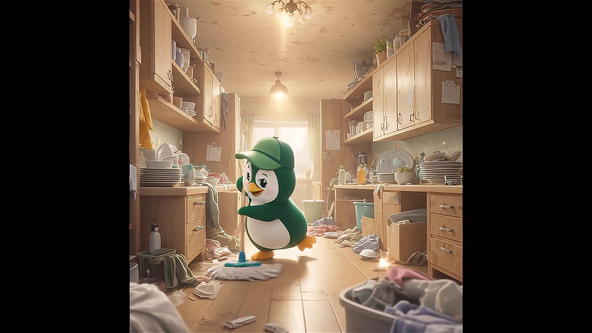 Prompt: “same character as reference image”
“consistent mascot design”
“brand character continuity”
Style Consistency (Important for Branding)

Always include these 

Color theme: Green, white, fresh tones
Lighting: Before = dull / After = bright golden sunlight
Mood: Satisfying, calming, magical transformation
Effects: Sparkles, glow, smooth transitions
Character: Same penguin style (cartoon, rounded, friendly)
A cinematic scene of a messy, cluttered room filled with chaos—dirty dishes, scattered clothes, and dull lighting. Suddenly, a cute green-and-white penguin mascot wearing a cap appears, holding a cleaning brush and mop. The character is cheerful, fast-moving, and magical.

With smooth, cinematic camera movement, the penguin starts cleaning at super speed—wiping surfaces, organizing items, and transforming the environment sparkling clean so clean no dirts any more