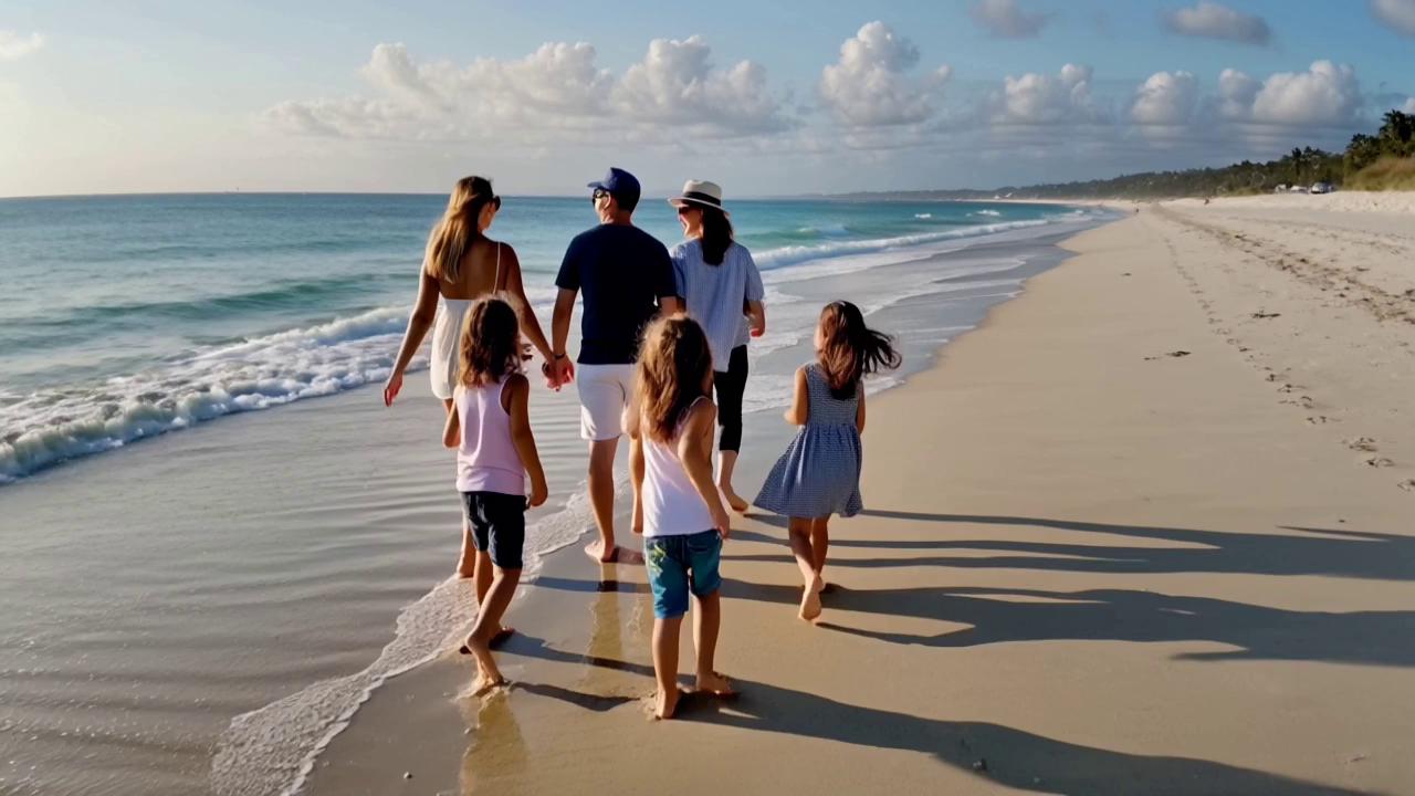Prompt: A woman with her husnand a three children (2 boys and a girl) walking along a beach