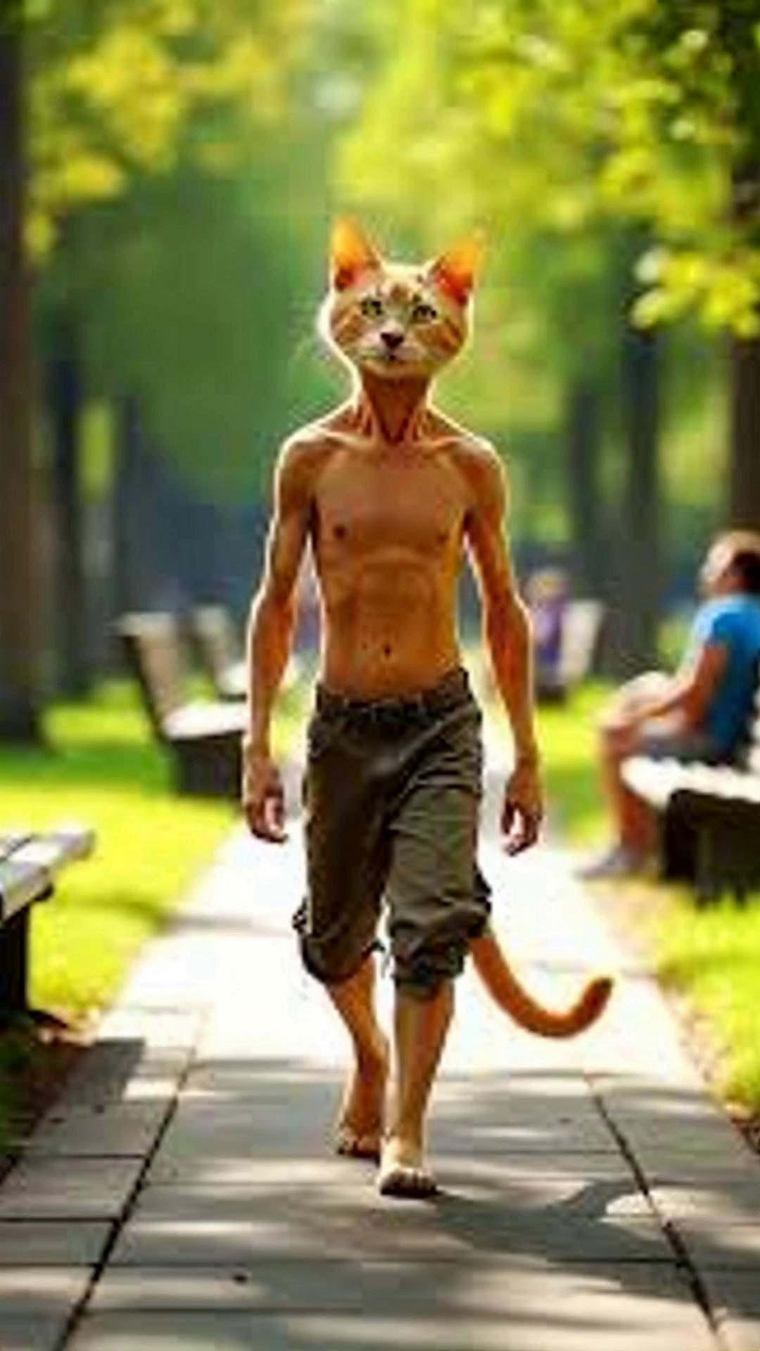 Prompt: Bonki es un gato que sufrió un daño sentimental , abandonado por su familia, pero fue adoptado por una familia de gatos humildes y el se a dedicado en mejorar su aspecto día tras día en el gym para lograr un cuerpo fitness 