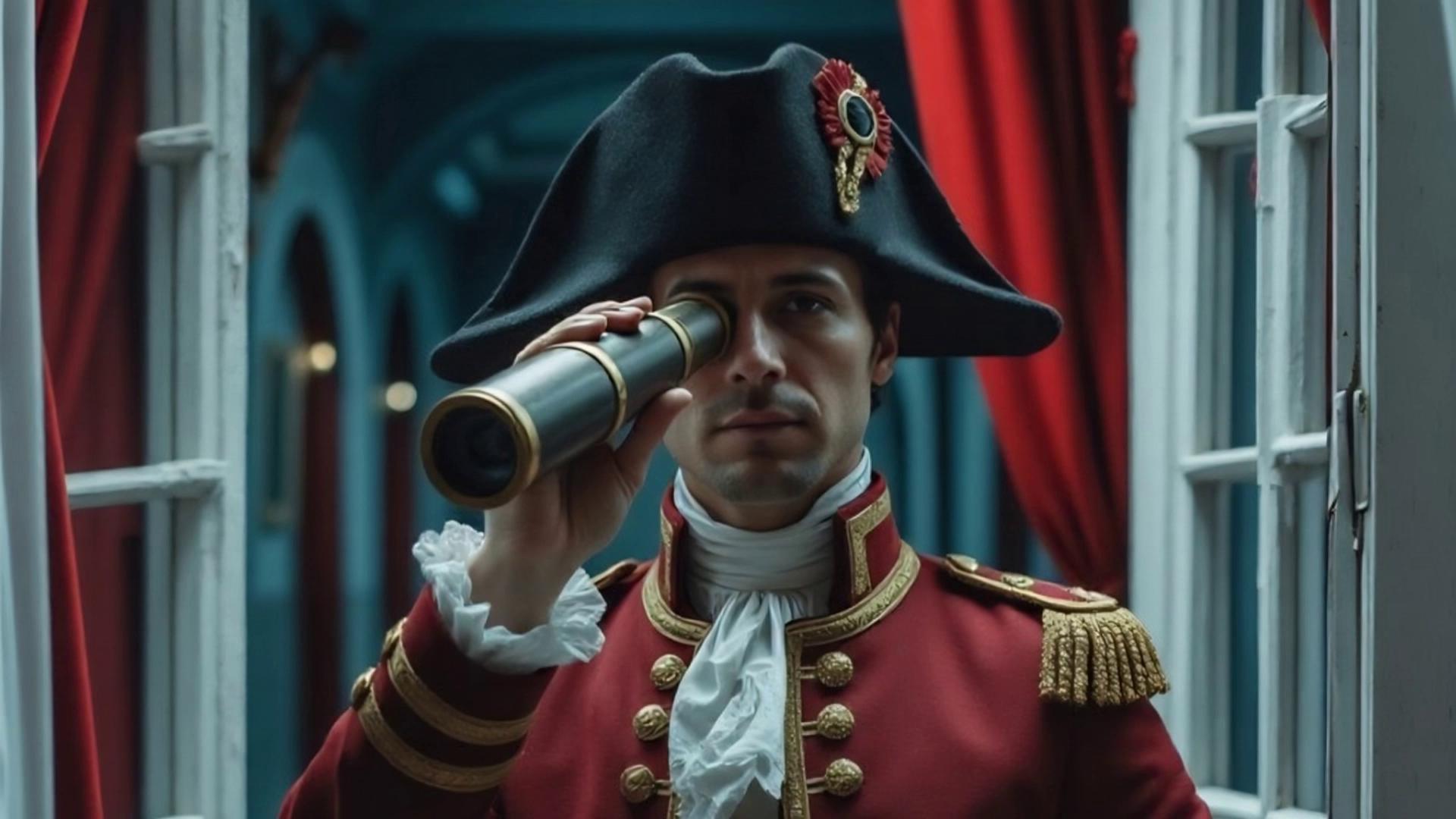 Prompt: This British soldier lowers the spyglass. He looks sad, forlorn.