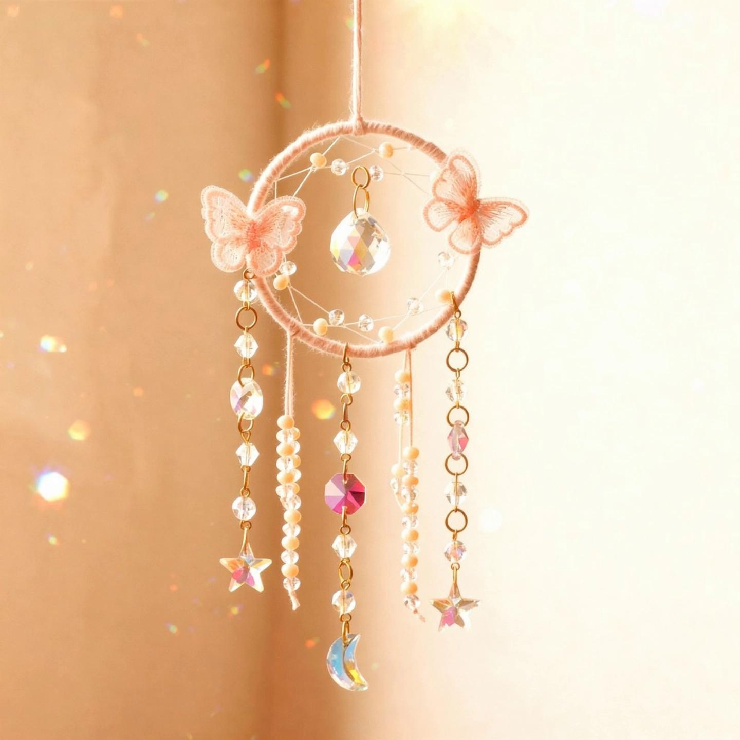 Prompt: Use the reference product exactly as it is.
Create a 10-second, high-resolution, photorealistic product video of the same delicate pink crystal sun catcher / dream catcher.

The sun catcher MUST stay identical to the reference photo:
same soft pink wrapped ring, same lace butterfly appliqués in the same positions, same beads and crystals, same sizes, shapes and colors, same hanging chains and charms (star, moon, round crystals). Do NOT change or rearrange the design.

The camera shows the sun catcher hanging and gently swaying in the air. 
Start with a close-up on the central crystal and butterflies, then slowly move the camera to reveal the whole piece from top to bottom. 
Make the crystals sparkle as warm sunlight passes through them, creating soft rainbow light flares and tiny reflections on the background.

Change ONLY the background: use a clean, aesthetic, softly blurred interior that looks like a cozy, modern kids’ room or nursery with a neutral beige wall and soft daylight coming from a window. No clutter, no extra objects touching the product.

Overall style: bright, dreamy and elegant, like a professional Etsy product video.
Keep everything crisp, sharp and very realistic, NOT cartoon or painted.
No text or hands in the video, just the product, gentle camera movement and magical light.
