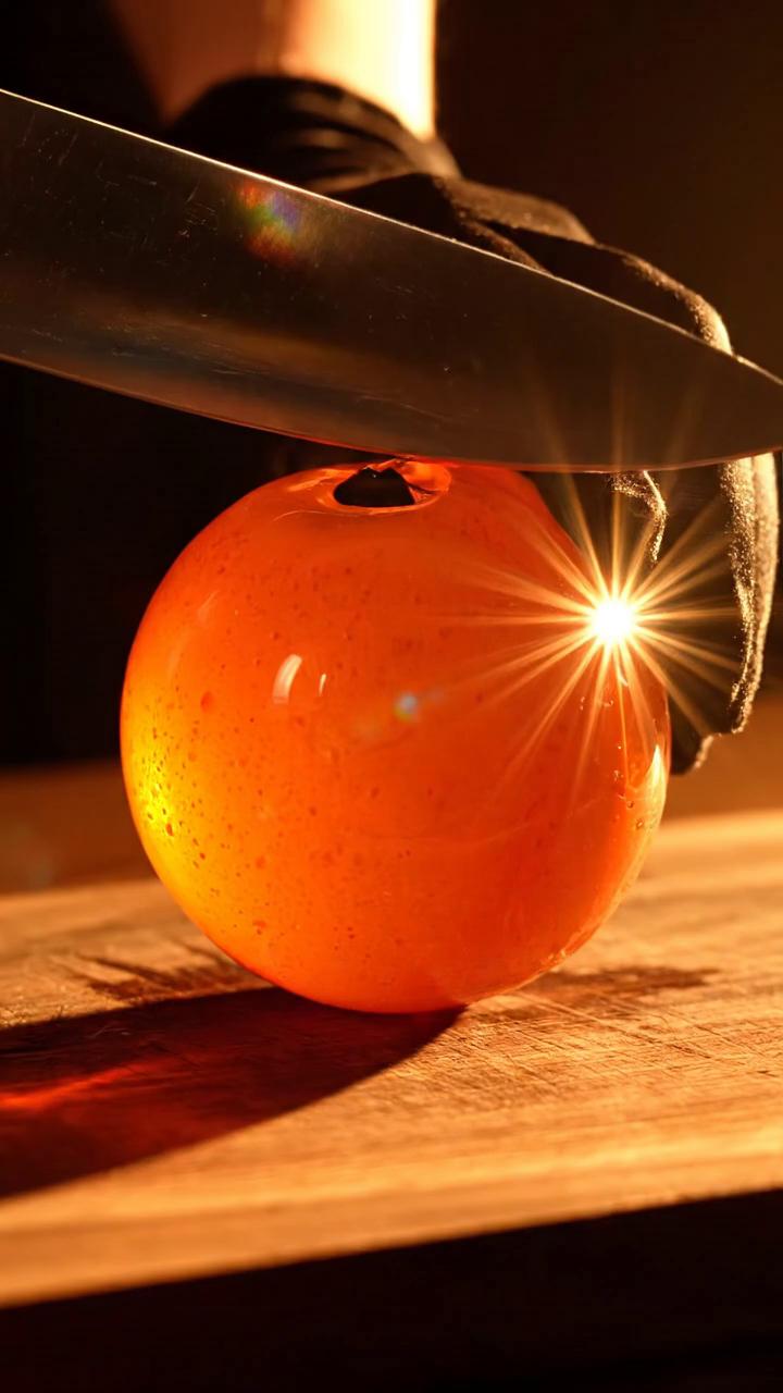 Prompt: Shot in extreme macro perspective, a flawless, crystal-clear, and detail-rich orange colored glass orange rests on a wooden cutting board and sunlight casts a warm glow, creating a dramatic shadow. The camera captures the shimmering highlights and rainbow-like prismatic flares on the surface of the glass orange. A black gloved hand holding a knife is poised above the glass orange, with the blade reflecting light. The overall composition is centered, with the glass orange as the focal point, and the background is softly blurred, emphasizing the subject’s vivid colors and textures.

Shot in extreme macro perspective, a flawless, crystal-clear, and detail-rich pink colored glass dragon fruit rests on a wooden cutting board and sunlight casts a warm glow, creating a dramatic shadow. The camera captures the shimmering highlights and rainbow-like prismatic flares on the surface of the glass dragon fruit. A black gloved hand holding a knife is poised above the glass dragon fruit, with the blade reflecting light. The overall composition is centered, with the glass dragon fruit as the focal point, and the background is softly blurred, emphasizing the subject’s vivid colors and textures.   Leg the fruits aller after each other and the Part that was Dutt should drop to the Flow making a asound 
