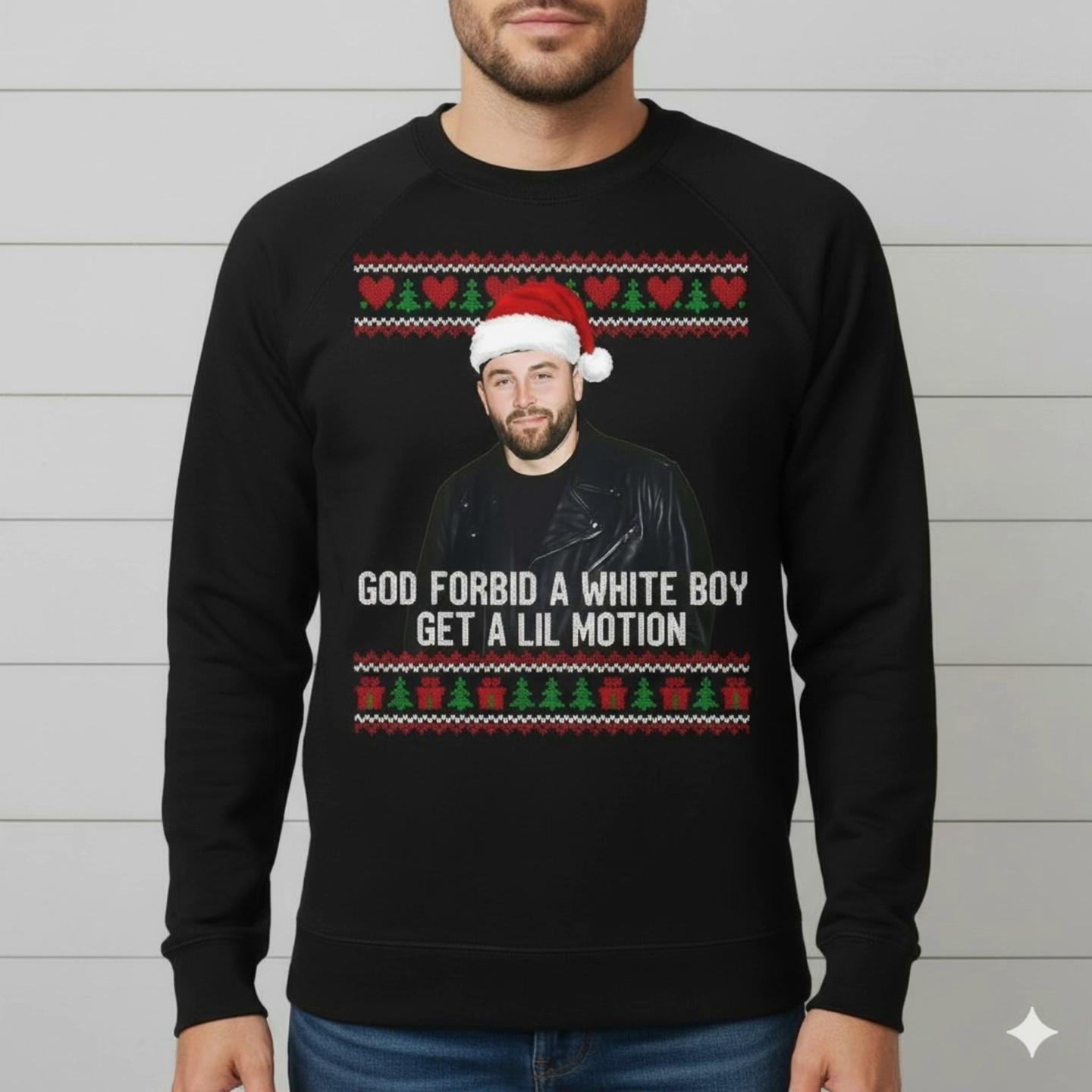 Prompt: The setting is inside the **main stands or concourse area of a BASEBALL STADIUM**, with **cheering, "Mayfield! Mayfield!" chants, and energetic crowd noise in the background.** **The crowd in the background must have a subtle, artistic bokeh effect** to focus on the subject. The man looks over his shoulder. **Camera focus is initially on the festive knit-style pattern and the text.
The man begins to walk with a confident stride. The camera pulls back slightly to a **medium-full shot**, following him. He **abruptly stops and throws both hands up into the air, loudly CHEERING and celebrating** with the crowd (can involve pumping fists or waving hands). The surrounding fans are wearing team colors/jerseys (mentioning Baker Mayfield's colors/number is a bonus).
 The man immediately transitions from cheering to a state of proud display. He lowers his hands and uses his **INDEX FINGER TO POINT DIRECTLY at the central text: