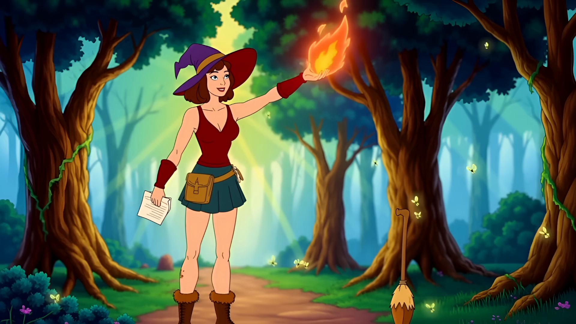 Prompt: A teenage tomboy witch adventurer casting a fireball spell, drawn in the style of a 1980s American fantasy animation. She stands in a dynamic pose, leaning forward with one hand outstretched, conjuring a glowing fireball that swirls with orange and gold energy. Her expression is focused yet excited, showing both determination and wonder as she channels her growing magic. Her tunic flutters slightly from the heat, and the papers in her hip satchel ripple in the energy wave. Her muddy boots are braced against the ground, and her taped-together broomstick leans at her side, ready for action. The worn witch hat tilts back slightly from the burst of energy. The lighting is dramatic, illuminated by the warm glow of the fireball that casts orange highlights and soft shadows across her face and clothes. The colors are flat and saturated, with bold cel outlines, VHS-era textures, and slight analog grain, evoking the look of Fire and Ice, She-Ra, or The Flight of Dragons. The scene is a clean full-body shot with no background, like a spellcasting animation frame.