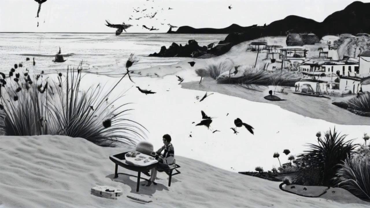 Prompt: Landscapes transforming into one another, movement in the landscape, water moves, also the plants are moving, the birds fly away