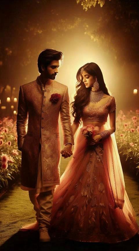 Prompt: Ultra-HD 4K cinematic animation video, garden close-up shot hand holding, dramatic golden lighting, cinematic glow, deep shadows, divine atmosphere, Dhruv and Malvika (pink lehenga, gold bangles, long open hair, loving face) holding hands slowly walking facing each other, romantic emotion, background flowers blooming, motion: hands intertwine, smile exchange, camera circular, duration: 8 seconds, style: romantic slow motion animation, negative: disconnect, quick move.