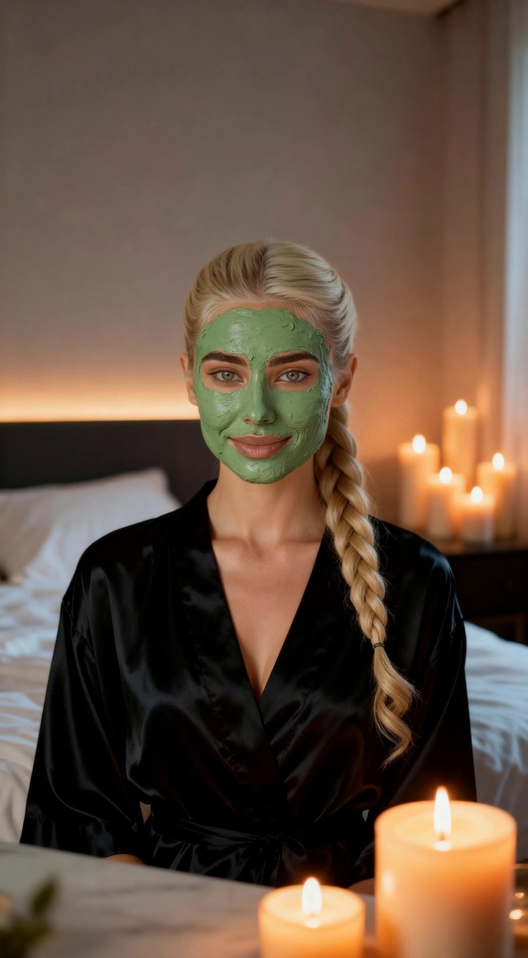 Prompt: 
A serene young woman sits in a softly lit bedroom wearing a black silk robe and a green clay face mask. Warm candles flicker around her, creating a golden glow. She lightly adjusts the collar of her silk robe with one hand, then smooths a small section of her braid. Her expression stays soft and relaxed as she blinks naturally and takes a slow breath and softly smiles. The candle flames flicker subtly, casting warm reflections on her skin. The movement is calm, minimal, and spa-like, with a cozy evening self-care atmosphere. No talking, no sound.