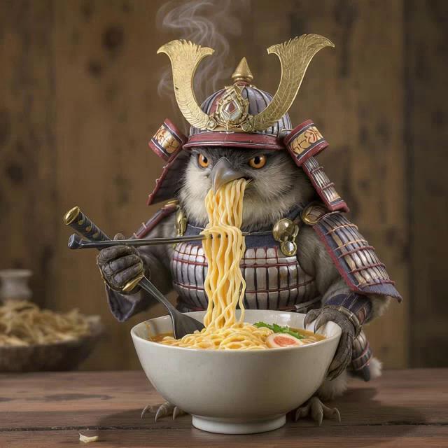 Prompt: A brainrot called pipisamurai , it is a sparow that were a samurai suit and eat ramen