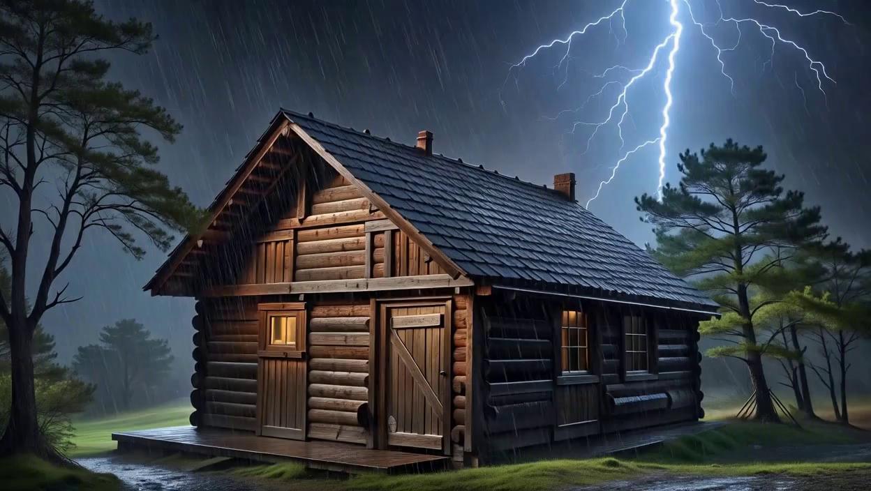 Prompt: create a heavy raining video on a wooden house at night with some lightening and thunder