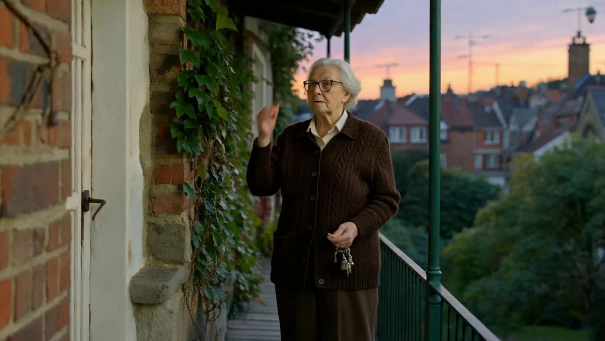 Prompt: An elderly female landlord standing on the porch of an old townhouse at dusk. She wears a wool cardigan, glasses perched on her nose, and holds a ring of old keys in one hand. Her expression is a mix of wisdom and curiosity as she watches a potential tenant approach. The setting feels nostalgic — ivy on the walls, soft evening light, and a hint of mystery in her eyes. in an abandoned house
