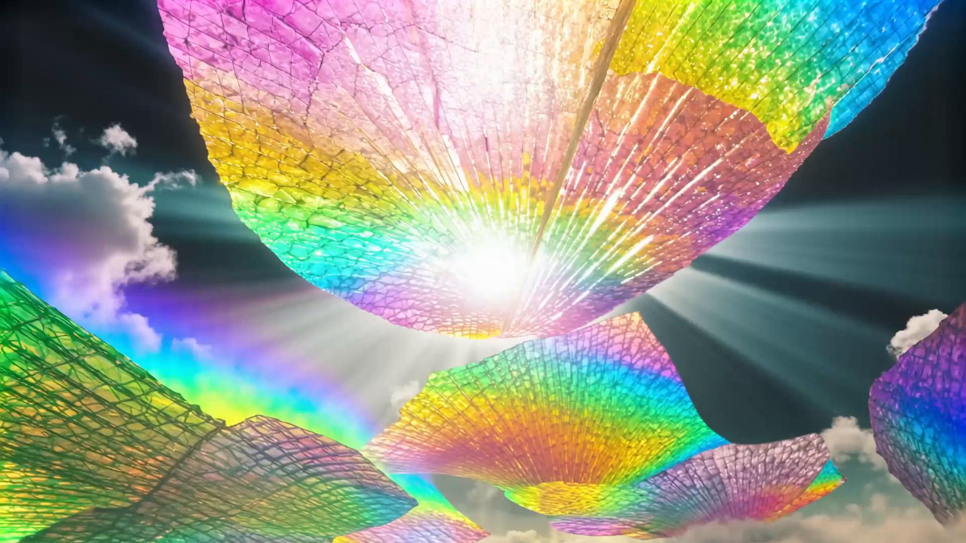 Prompt: Prismatic rainbow clouds sliced like stained glass, sharp crystalline edges and smooth beveled cuts, translucent glass panels floating in the sky, light refracting and scattering into vivid spectral colors, iridescent highlights, soft glowing atmosphere, dramatic sunbeams passing through the glass clouds, ultra-detailed, surreal, ethereal, cinematic lighting, high contrast, 8k fantasy art, hyper-real textures