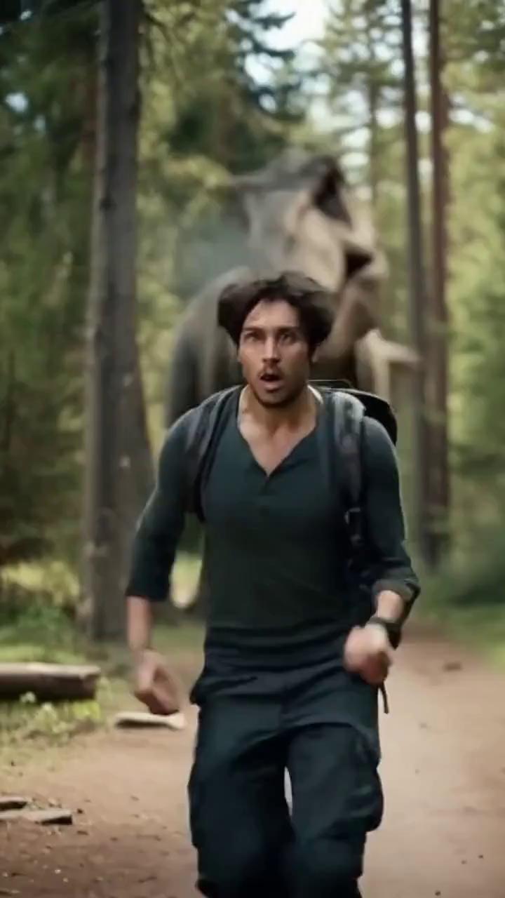 Prompt: A terrified man is running straight toward the camera, looking over his shoulder.
Behind him, a massive realistic dinosaur  bursts into frame, roaring loudly.
The dinosaur chases him aggressively, heavy footsteps shaking the ground.

The man dodges obstacles, glancing frantically, trying to escape.
The camera shakes slightly as if handheld, adding realism.