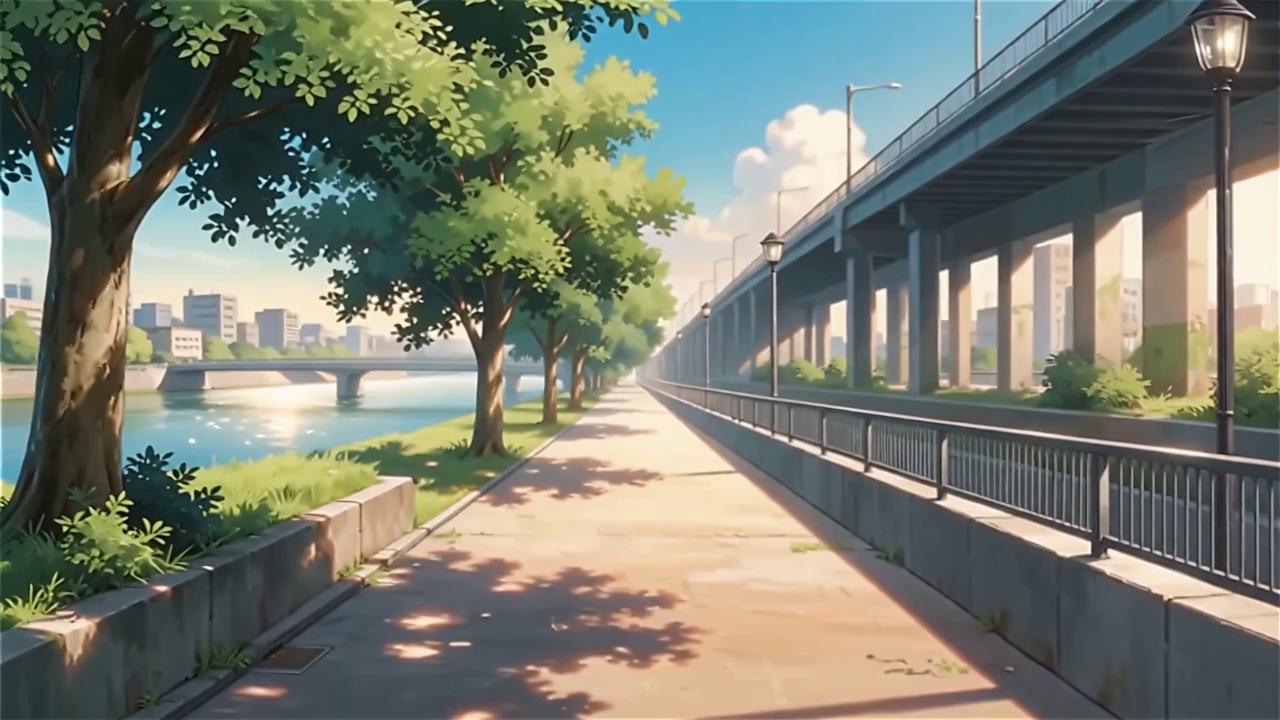 Prompt: Studio ghibli style of animation with morning walkway with beautiful trees near a river in the city. No people in the picture. The image should be fixed without zoom in and out. 