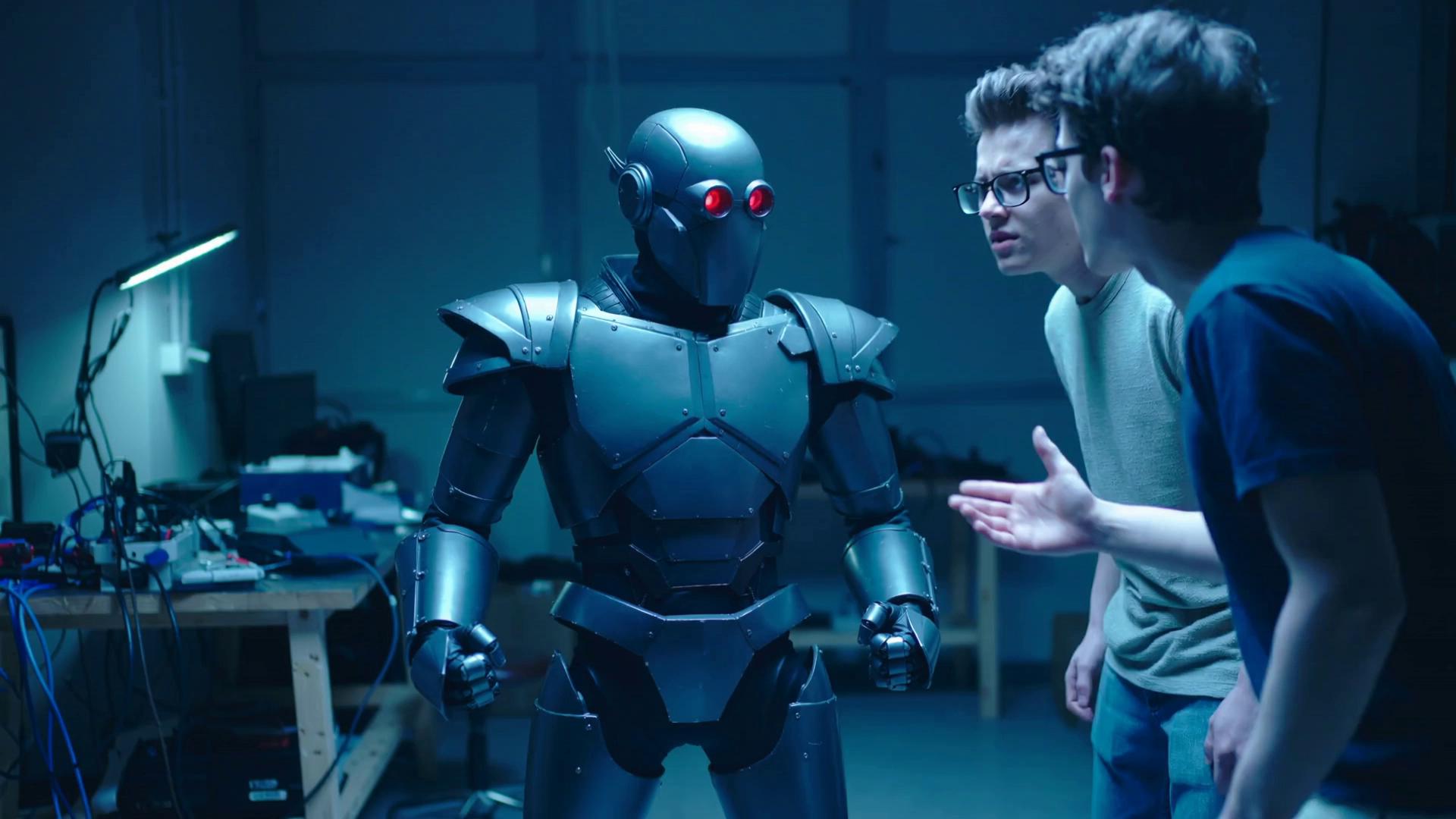 Prompt: Angry robot with red eyes arguing with ugly nerdy young men