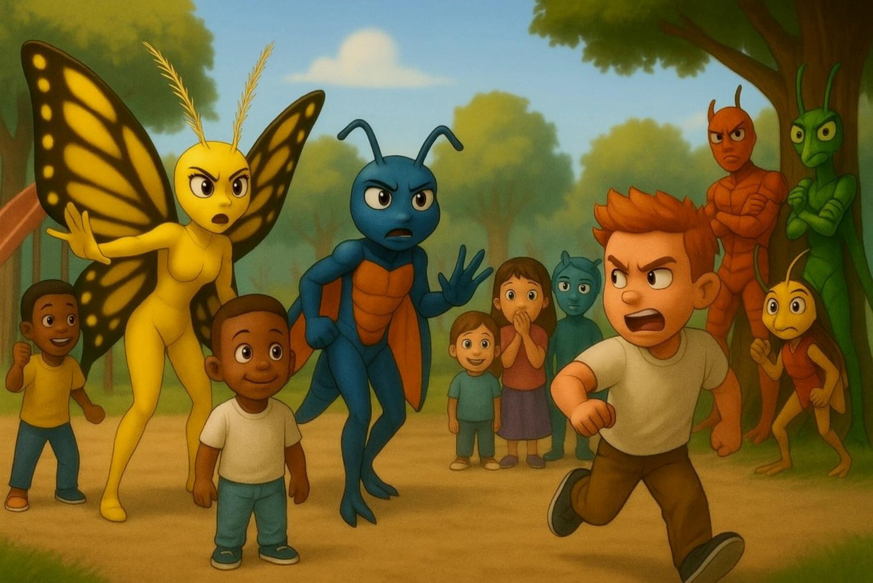 Prompt: Todd the bully is being chased off by Fayola and Tee Hawk of The Bully Crusaders because he was bullying the other children. They all cheer as Todd is scared off