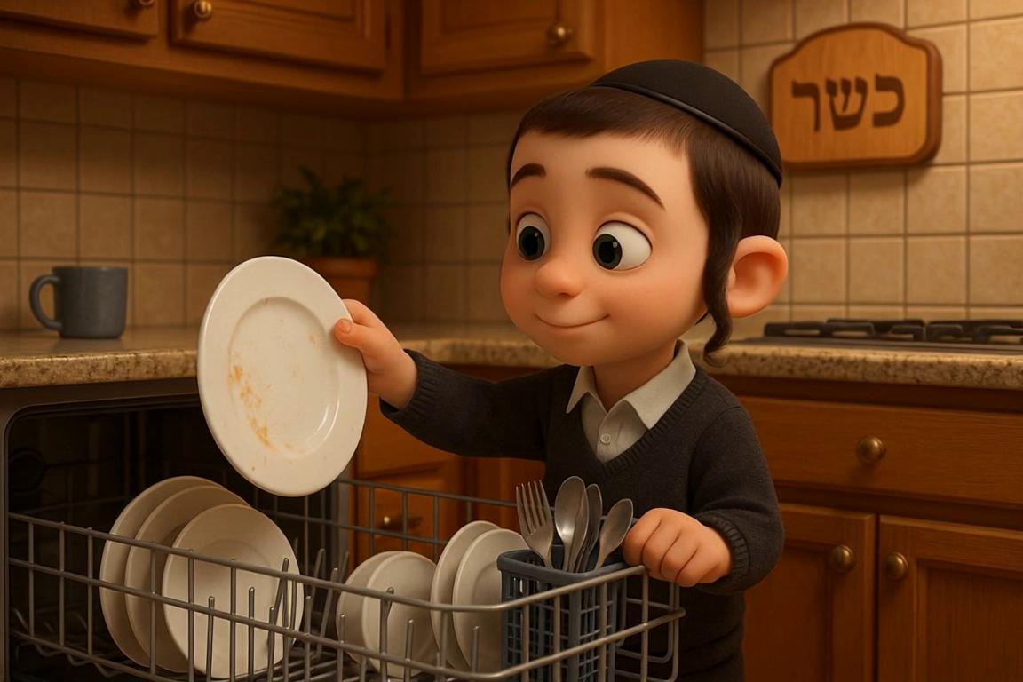 Prompt: kid putting a plate in the dish washer