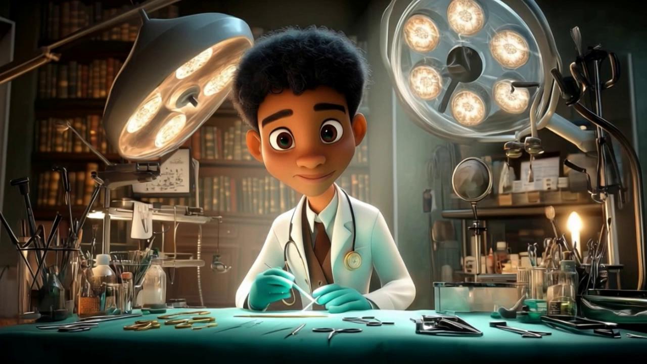 Prompt: 🩺 Scene Description:
Dr. Daniel Hale Williams stands at the center of a modest operating room, dressed in a white linen surgical gown and gloves. His expression is one of intense focus and calm confidence as he leans over a patient on the table. Warm golden sunlight filters through tall, paned windows, illuminating motes of dust in the air and casting soft highlights on the surgical tools laid out beside him.

The room is small, with dark wooden paneling, oil lamps on the walls, and basic shelves holding jars, bandages, and handwritten medical books. In the background, two nurses and one young intern (diverse ethnic backgrounds, 1890s attire) assist with quiet urgency—one handing instruments, another checking the patient's vitals.

The patient, a Black male in his 30s, lies unconscious on a sturdy wooden operating table. The camera first focuses on Dr. Williams' steady hands making careful incisions, then shifts to an overhead view showing the surgical team working in harmony. The rhythm of the scene is methodical, with slow camera pans and zoom-ins that highlight the gravity and innovation of the moment.

Subtle background motion: a ceiling fan turns slowly overhead; shadows move slightly as sunlight shifts.

🎥 Camera Movements:
Opening: Slow dolly-in from the doorway to focus on Dr. Williams' hands

Mid-Scene: Overhead crane shot showing full team in action

Cutaway: Close-up of surgical instruments (gauze, curved needle, 1890s clamps) on a tray

Ending: Tight zoom on Dr. Williams' eyes as he sutures, brows furrowed in determination

💡 Lighting & Atmosphere:
Lighting: Warm, natural sunlight mixed with flickering oil lamp glow

Mood: Hopeful, serious, reverent

Color Palette: Rich browns, soft whites, faded greens, and golden yellows

Textures: Wooden floors, fabric gowns, metal tools with a slight aged patina