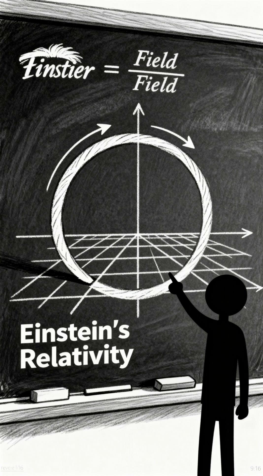 Prompt: Animate black and white pencil sketch: camera reveals scientific chalkboard, character silhouette appears pointing at curved spacetime diagram, Einstein's equations shimmer and glow with importance, closed timelike curve path pulses showing loop through spacetime grid, arrows animate flowing in circular direction back to starting point, mathematical formulas highlight sequentially, finger traces the impossible loop path, "Closed Timelike Curves" text appears, camera slow zoom on looping curved path showing theoretical possibility, educational authority established
