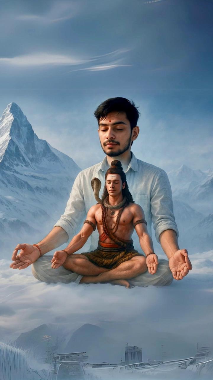 Prompt: “A young man is sitting in a meditative pose with eyes closed on a snowy Himalayan mountain. His face is calm and peaceful. Slowly, a divine light begins to glow from within his chest. The form of Lord Shiva starts to appear, emerging spiritually from inside him. Lord Shiva, with ash-covered skin, a crescent moon on his head, snakes around his neck, and sitting in Padmasana, glows with divine energy. The background shows the snowy peaks of the Himalayas with a soft wind blowing. Slow camera zooms in as both the man and Shiva meditate together. A faint Om chanting and glowing particles float around them. The scene is mystical, calm, and filled with divine aura. The animation ends with both fading into glowing light together.”

⸻

🎨 Mood & Style:
	•	Cinematic
	•	Mystical
	•	4K Ultra-realistic CGI style
	•	Divine & peaceful expression
	•	Spiritual lighting and foggy effects
	•	Smooth transitions with light particles

