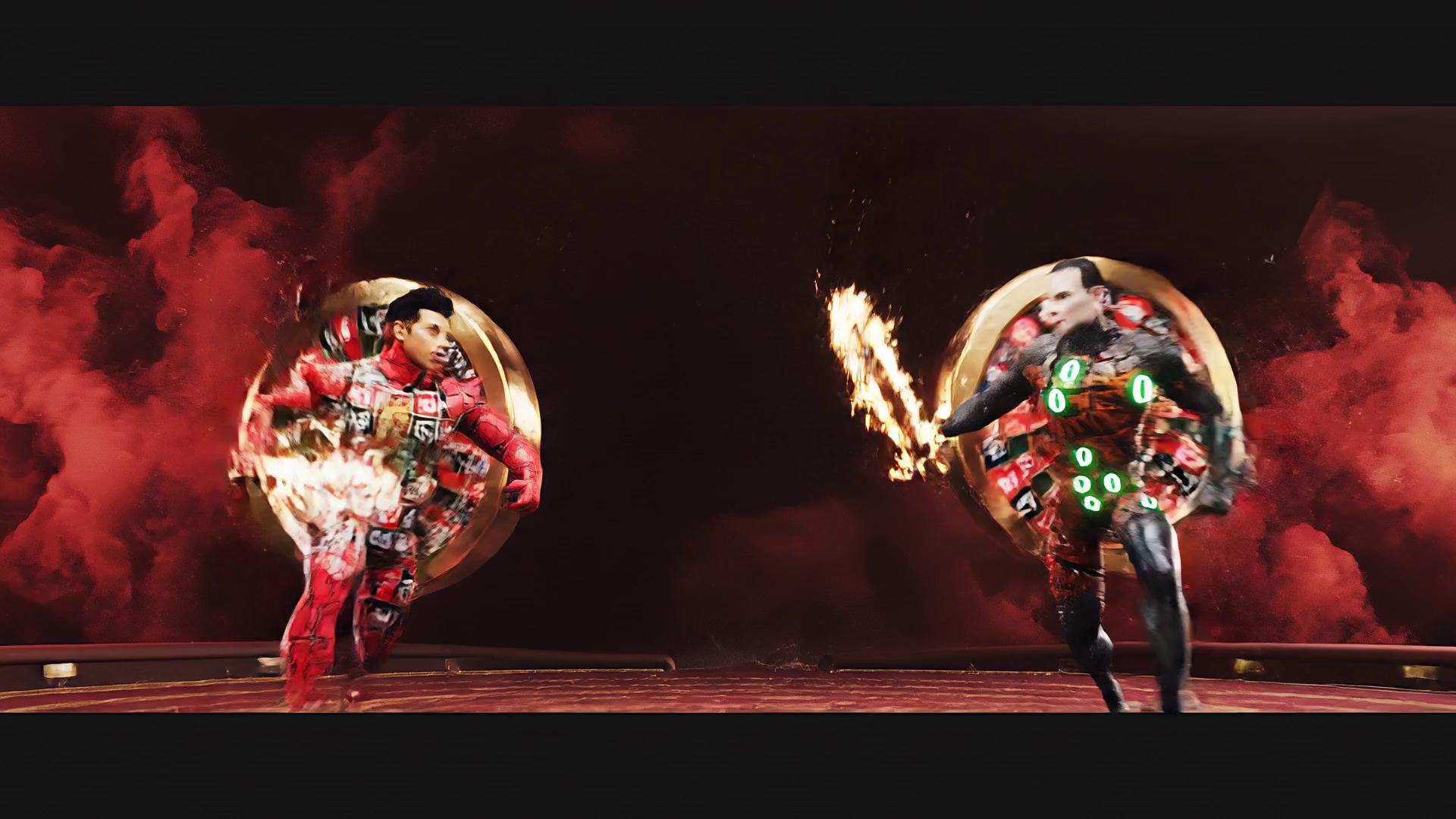 Prompt: A red warrior and a black warrior come together with swords as they clash there a big spark and explosion then the title words "Roulette Wars" can be seen. The two warriors are made up of roulette wheels, and also elements found on a roulette wheel