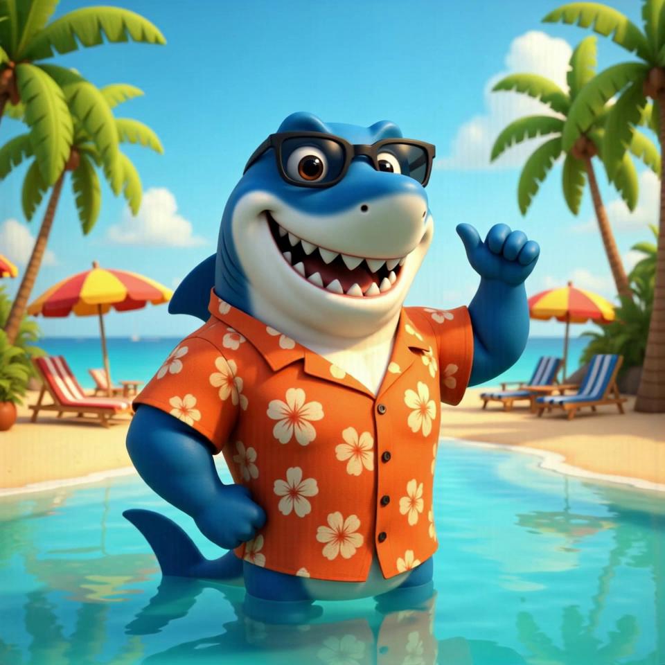 Prompt: 3D cartoon muscular male shark eb1ac697 with blue and white shark with large teeth wearing an orange floral shirt In a vibrant tropical landscape, the camera captures the blue and white shark standing boldly at the edge of a shimmering lagoon, with its large teeth glistening in the sun. Clad in a striking orange floral shirt that pops against the turquoise water, the shark strikes a relaxed yet confident pose, its fin slightly raised as if inviting you closer. Lush palm trees and colorful beach umbrellas frame the scene, yet the dynamic angles emphasize the shark's dominance in the foreground, showcasing every detail of its playful yet fierce personality against a lively backdrop perfectly aligned with its theme.