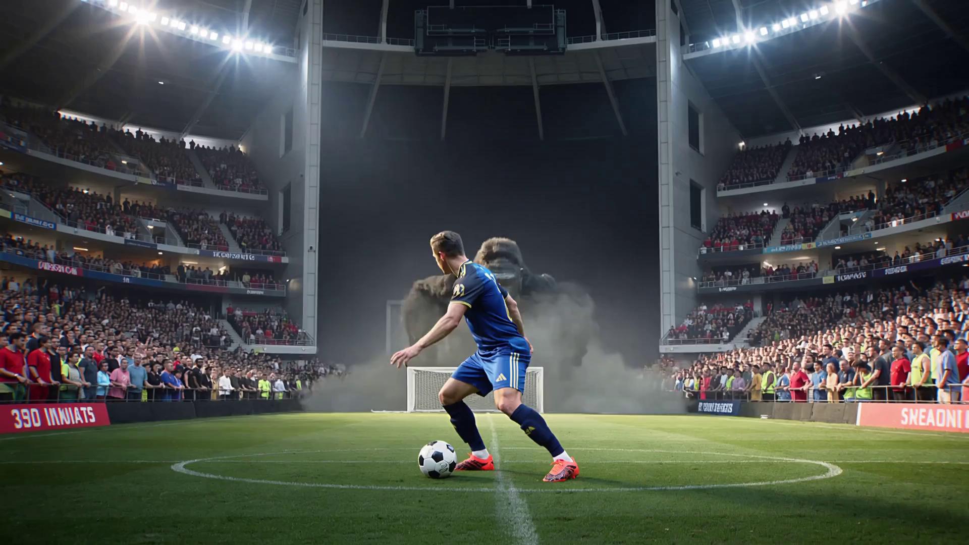 Prompt: create a video of a ronaldo soccer player missing a shot from a gorilla entering the arena