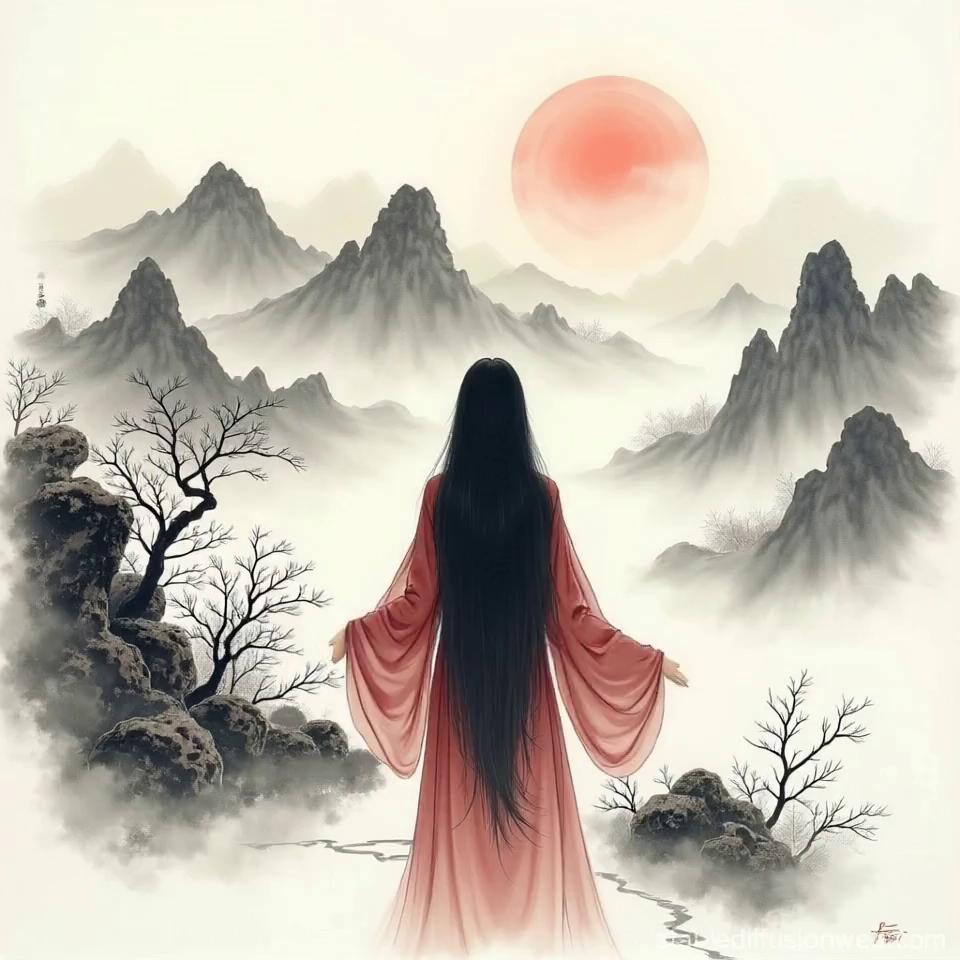 Prompt: She raises her arms and the red sun rises , make the sun turn into the rising red sun symbol with the red rays