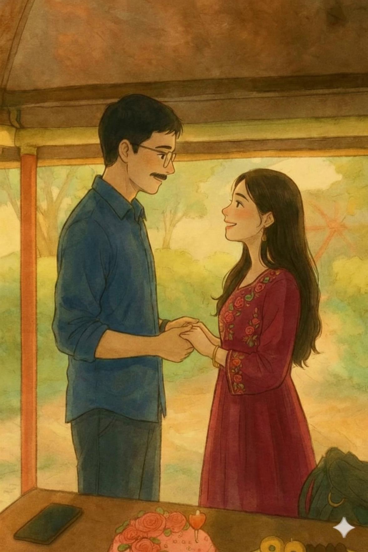 Prompt: A tender romantic moment between a young couple. The boy places a soft, affectionate kiss on the girl’s forehead. She closes her eyes with a shy smile. After the kiss, he slowly pulls her into a warm, comforting hug. Both look peaceful and emotionally connected. subtle smiles, romantic mood, cinematic feel, shallow depth of field.