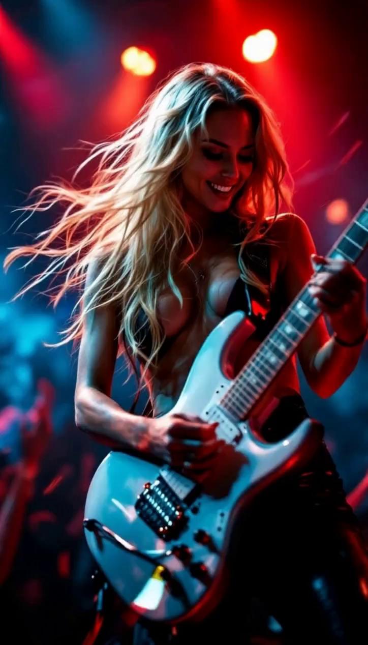 Prompt: more winds, she is singing. playing guitar