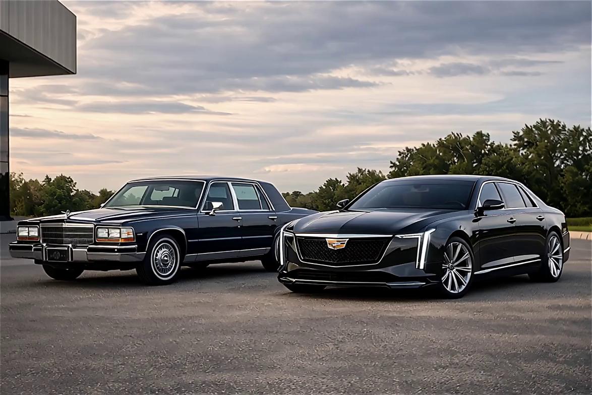 Prompt: Two cars driving side by side on an open highway at golden hour:
a classic 1988 Cadillac Fleetwood in glossy black with chrome trim and whitewall tires, and a modern 2026 Cadillac Fleetwood performance sedan concept in deep metallic black with aggressive LED headlights and aerodynamic styling.
The cars cruise smoothly next to each other at highway speed, then take turns passing one another, showcasing contrast between classic and modern design.
Cinematic tracking shots, low-angle rolling shots, and front three-quarter views. Subtle motion blur on wheels, realistic reflections on paint, detailed road textures.
Clean sky, long straight highway, minimal traffic, realistic suspension movement, natural steering corrections.
Ultra-realistic, photorealistic, 4K cinematic quality, shallow depth of field, smooth transitions, dramatic but realistic lighting, automotive commercial style.