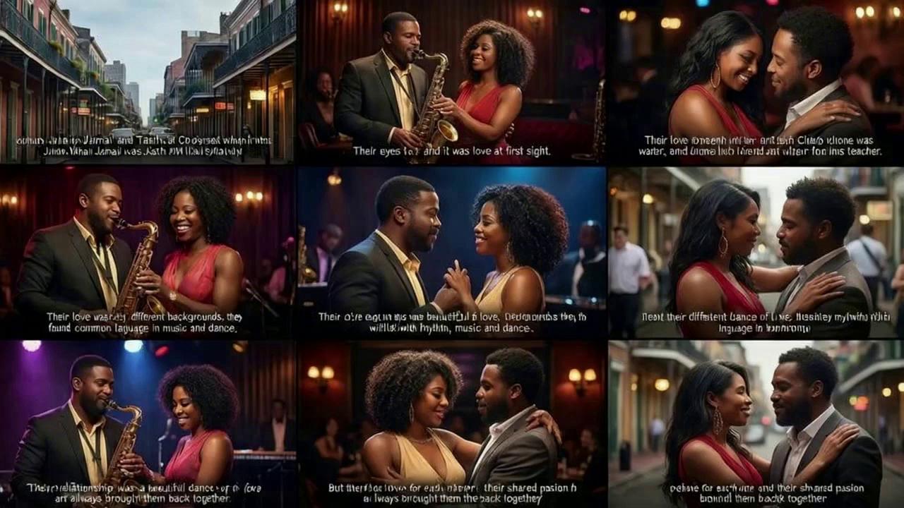 Prompt: create a video about this love scene: Once upon a time in the vibrant city of New Orleans, there lived a couple named Jamal and Tasha. Jamal was a talented jazz musician, and Tasha was a passionate dance teacher. Their love story began when Tasha walked into the jazz club where Jamal was playing. Their eyes met, and it was love at first sight. Despite their different backgrounds, they found a common language in music and dance. Their relationship was a beautiful dance of love, filled with rhythm, passion, and harmony. They faced many challenges, but their love for each other and their shared passion for art always brought them back together.