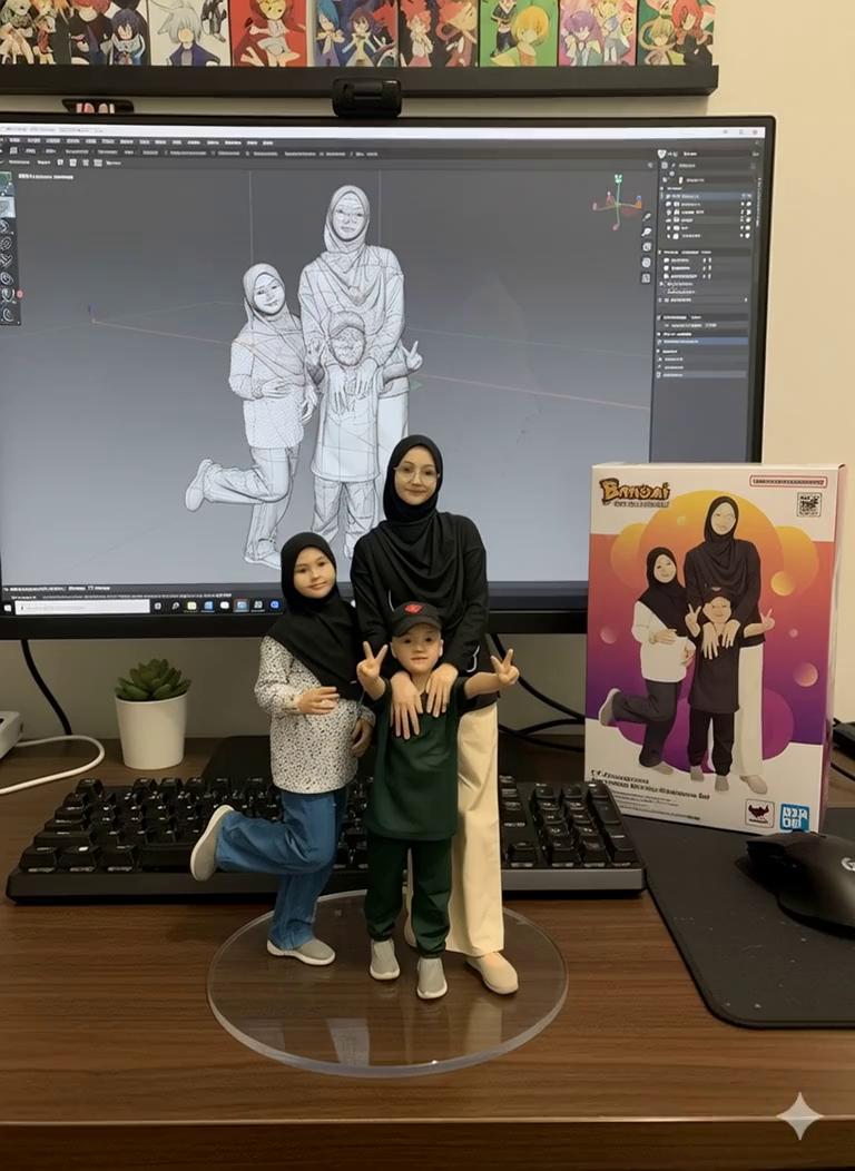 Prompt: 
Two hands gently pick up the figure in the frame and rotate it slightly for inspection. The model on the computer screen and the model printed on the packaging box remain stationary, while all other background elements stay unchanged.