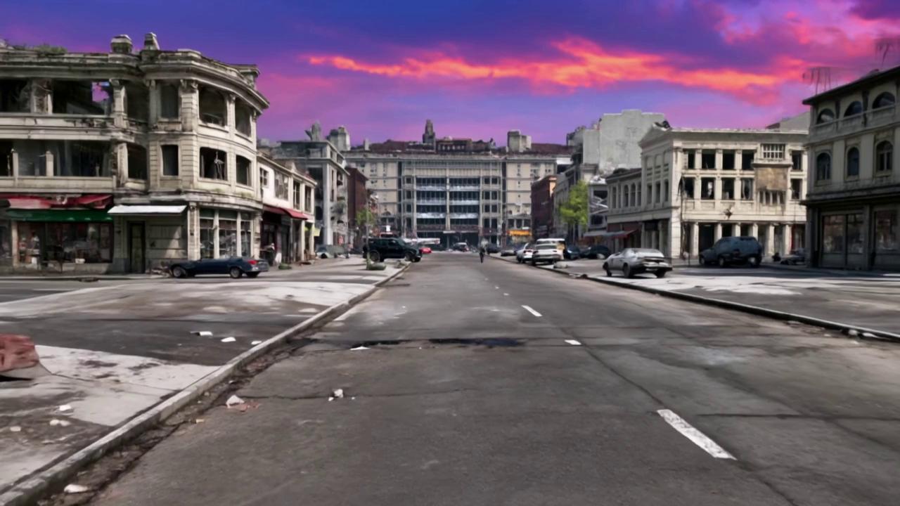 Prompt: walking through an apocalypse town with city buildings in ruin, no human in sight, empty stores, abandon cars, a vivid sky with bursting colors 