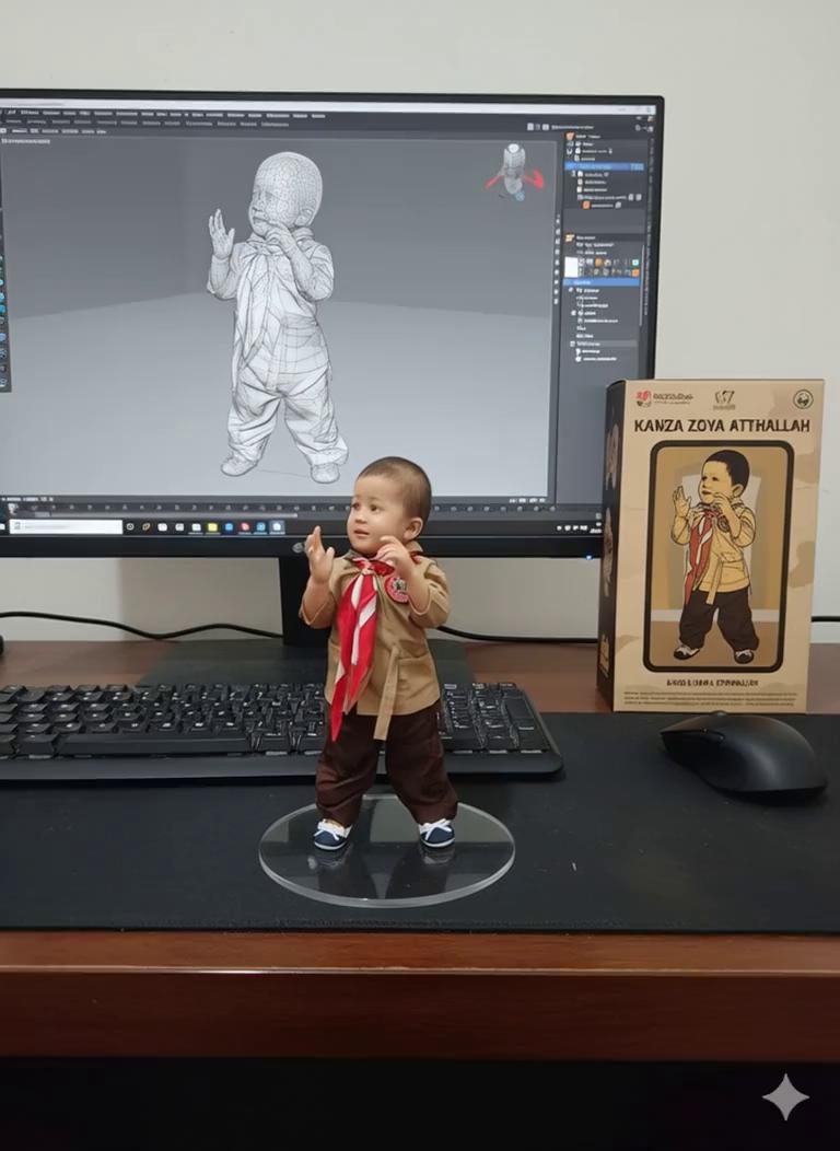 Prompt: Nure two hand gently pick up the figure on the frame and rotate it slightly for inpection. The model in the packaging box remain stationary, while all other background elements stay unchanged.