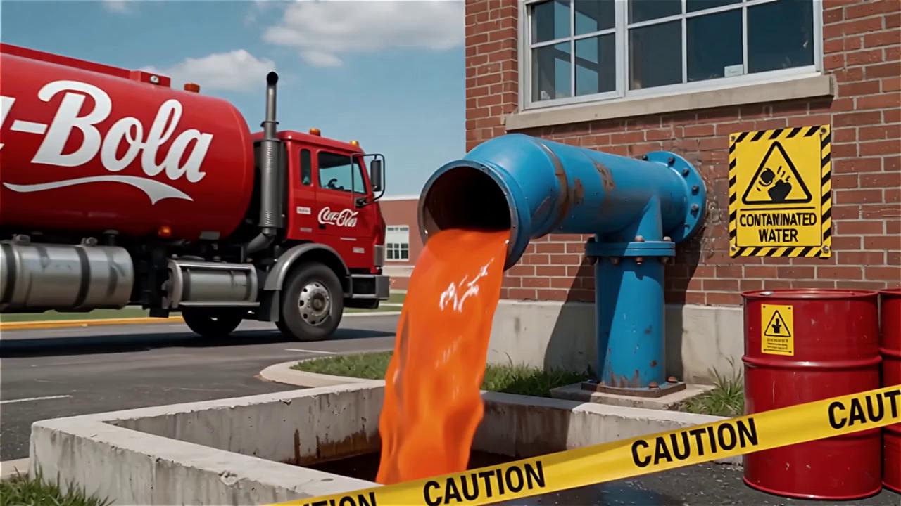 Prompt: industrial scene featuring a large red Coca-Cola inspired tanker truck parked beside a brick school building with large windows. The truck, positioned slightly to the left, has "Boca-Bola" written in white cursive on the side. In the foreground, there is a blue metal pipe spewing bright orange liquid into a concrete drainage channel, creating a vivid contrast against the gray surroundings. The orange liquid has a fiery appearance, with splashes and bubbles. Yellow and black caution signs are affixed to the pipe and brick wall, warning of contaminated water and the need to keep out. A roll of yellow caution tape is draped across the lower part of the image, adding to the industrial feel. Two red barrels are placed near the bottom right corner of the image, one of which has a small yellow warning sign on it. Make a montage of waste being disposed by Boca-Bola in different school settings kids drinking and spitting the water out. Make it like a breaking news segment 
