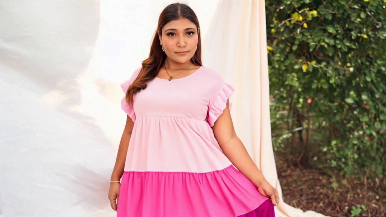 Prompt: A 25-year-old curvy Indian woman with a 2XL figure, light brown skin tone, and 24" Down to bottom, straight  brown hair, is standing in a relaxed pose, back turned slightly toward the camera, wearing a pink Breezaya Plus Size Women Summer Round Neck Color Block Batwing Sleeve Loose Dress. Her body posture is confident and calm — , casually looking to the side, not directly at the camera. The lighting is soft and natural, the dress flows slightly in the breeze. Her figure should match a real woman, not overly edited — the vibe is elegant, quiet confidence, and high-fashion lifestyle. The background is a soft outdoor scene with nature ."