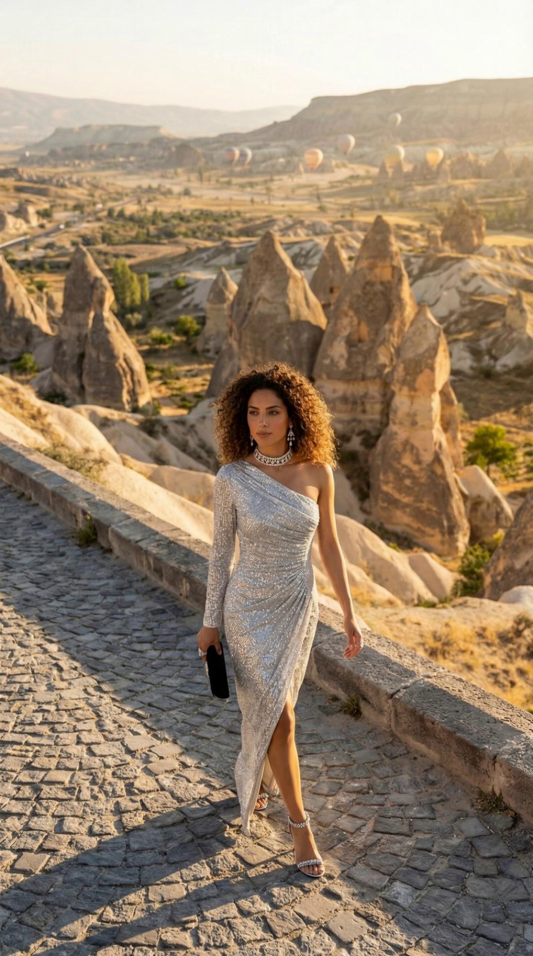 Prompt: Use the provided image as a strict reference.
The woman’s face, eyes, gaze direction, facial proportions, skin texture and expression must remain EXACTLY the same throughout the video.
No face morphing, no eye drifting, no asymmetry, no expression change.
Her body proportions, posture and physique remain completely unchanged.
The dress must stay perfectly intact:
– no stretching
– no melting
– no fabric distortion
– no texture loss
– no shimmer artifacts
– no change in cut, slit, shoulder shape or fabric tension
Jewelry, shoes, hair volume and curls remain identical and stable.
Camera movement:
The shot starts from a high bird’s-eye view angle, slowly and smoothly descending.
The camera performs a cinematic dolly-in while lowering, gently transitioning from a wide overhead shot to a close-up framing of the woman’s face and neck area.
The camera movement is slow, fluid, stabilized, with no shaking or warping.
The woman remains perfectly still, no walking, no body motion — only the camera moves.
Lighting remains natural and consistent, matching golden-hour sunlight.
No flickering, no exposure changes, no color shifts.
Background depth remains realistic with subtle cinematic depth of field, no background warping.
Ultra-photorealistic, cinematic realism, 4K quality, natural skin detail, professional fashion film look.