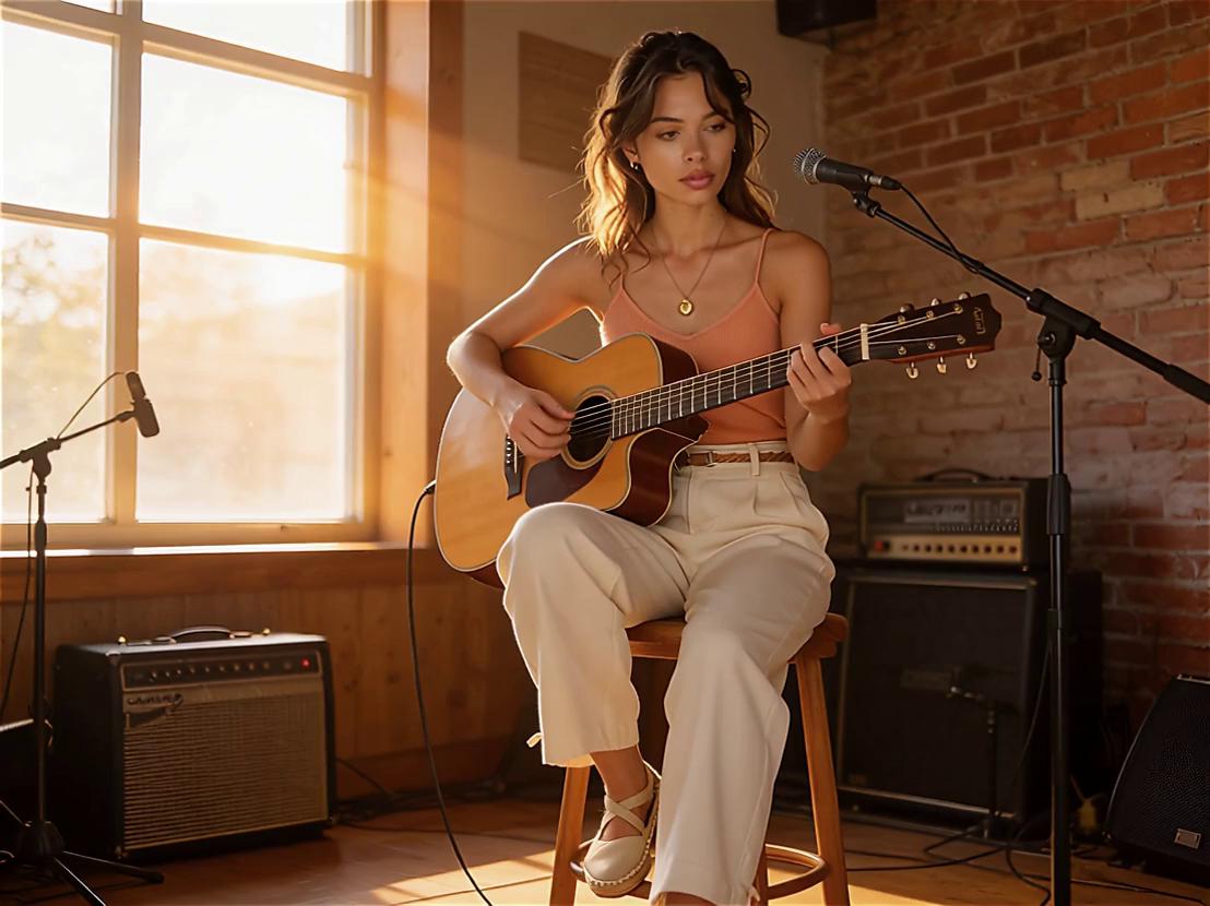 Prompt: @Mila gently strumming the guitar, natural body movement,
subtle breathing, soft head movement, realistic motion,
cinematic lighting, photorealistic video
