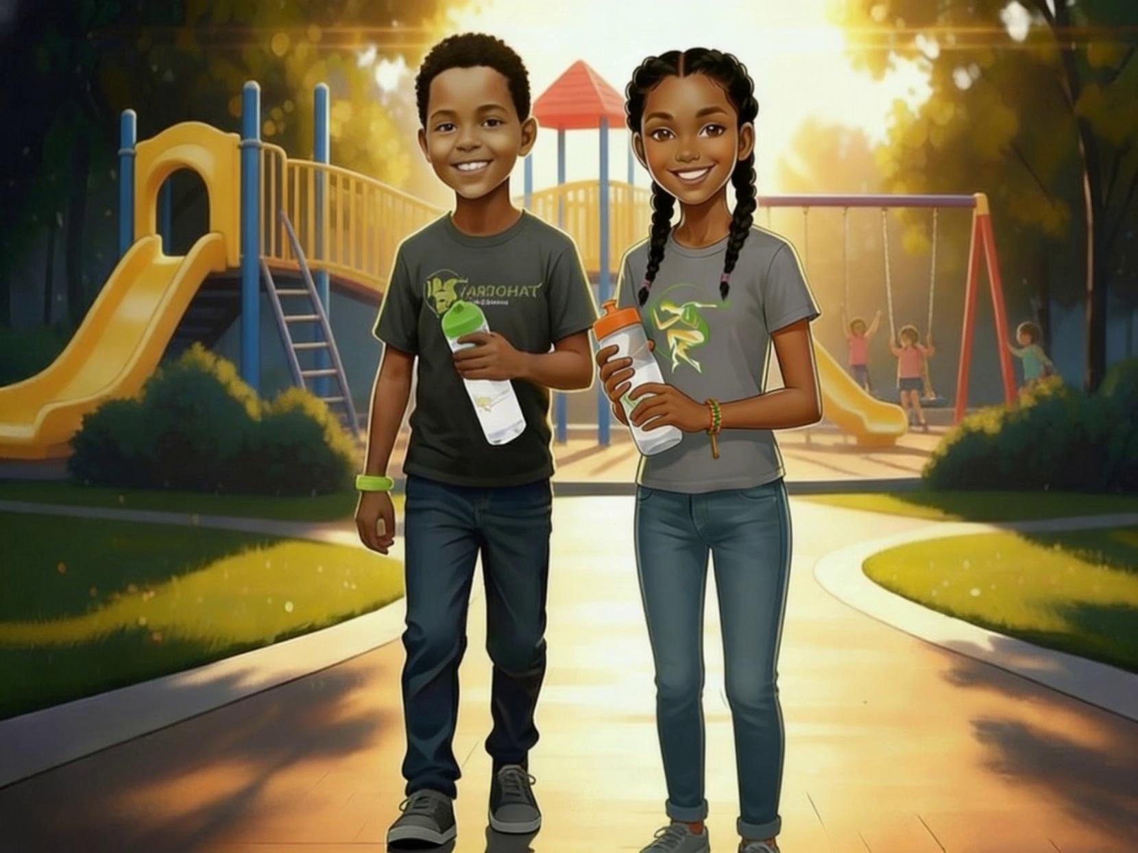 Prompt: PROMPT:Animate this image into a 10s clip. Keep the same characters, outfits, water bottles, and playground background unchanged. Natural walk forward. No audio. She speaks first, Candi speaks first with clear, natural lip movement, matching: “I used to forget to drink water, but now I take my bottle with me everywhere. It makes me feel more awake in class.” She gestures naturally with her water bottle (small wrist and elbow movements, friendly emphasis). Jesse listens with small nods and natural blinking. Then Jesse mouths the words with confident, friendly lip movement, matching: “Heh-heh… yeah, same with me, Candi.” Smooth motion, stable faces, kid-appropriate expressions.Negative Prompt (copy/paste)NEGATIVE:stiff, robotic, jitter, sliding feet, floaty, warped mouth, random mouth flapping, lip-sync mismatch, uncanny, creepy, adult-like expression, extra fingers, extra limbs, duplicated bottle, flicker, glitch, background wobble, style change, text, watermark