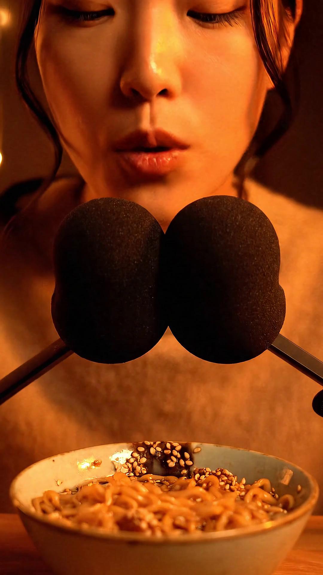 Prompt: A close-up ASMR scene. A beautiful model sits in a cozy, softly lit studio. A binaural microphone stands just inches from her lips. She whispers delicately — slow, calming breaths between words.

On the table, a small bowl of glossy noodles glistens under warm amber light. She twirls one strand, bringing it near the mic. You hear the soft slide of the noodle, the faint wet sound, and a quiet satisfied hum.

Her whispers continue: barely audible, like secrets — comforting, rhythmic, and hypnotic.

Every sound — the breath, the slurp, the soft click of chopsticks — is amplified in intimate detail. The camera focuses only on her lips, the mic, and the shimmering food texture.

The mood is warm, cozy, sensory, and deeply relaxing — pure auditory indulgence.
