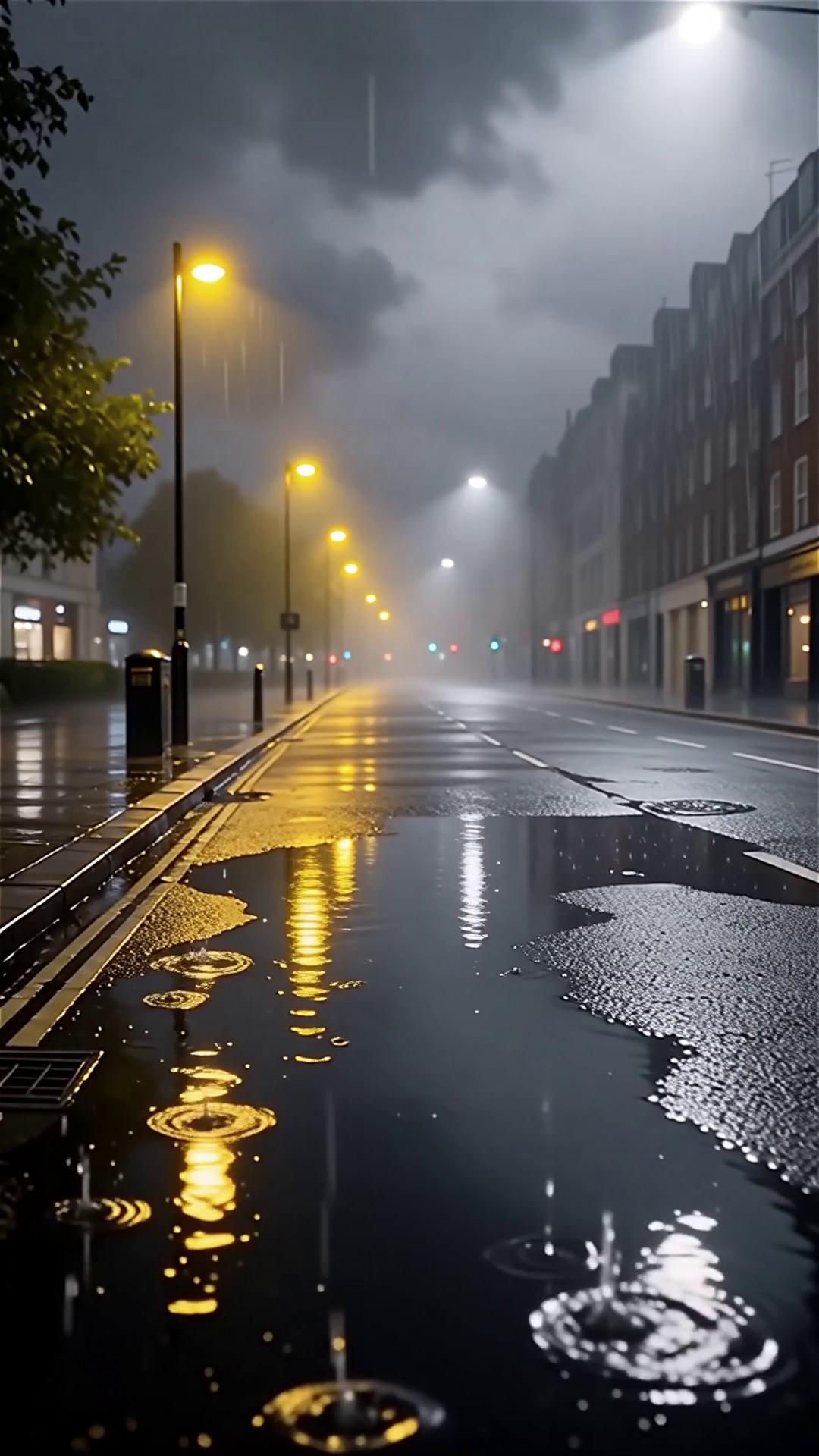 Prompt: I want you to create a video of the camera looking from the street, and looking at rain hitting the floor in London at midnight. the view should be stationary and there should be no one on the street.

